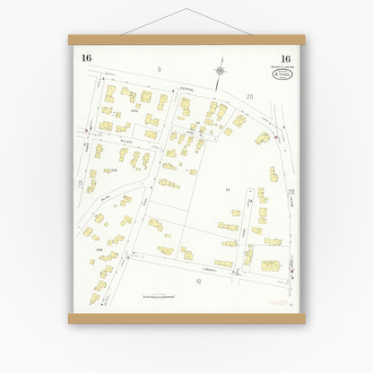 Old map wall art mockup — magnetic wood frame on white wall — Sanborn Fire Insurance Map from Athol, Worcester County, Massachusetts (1936), Sheet #0016