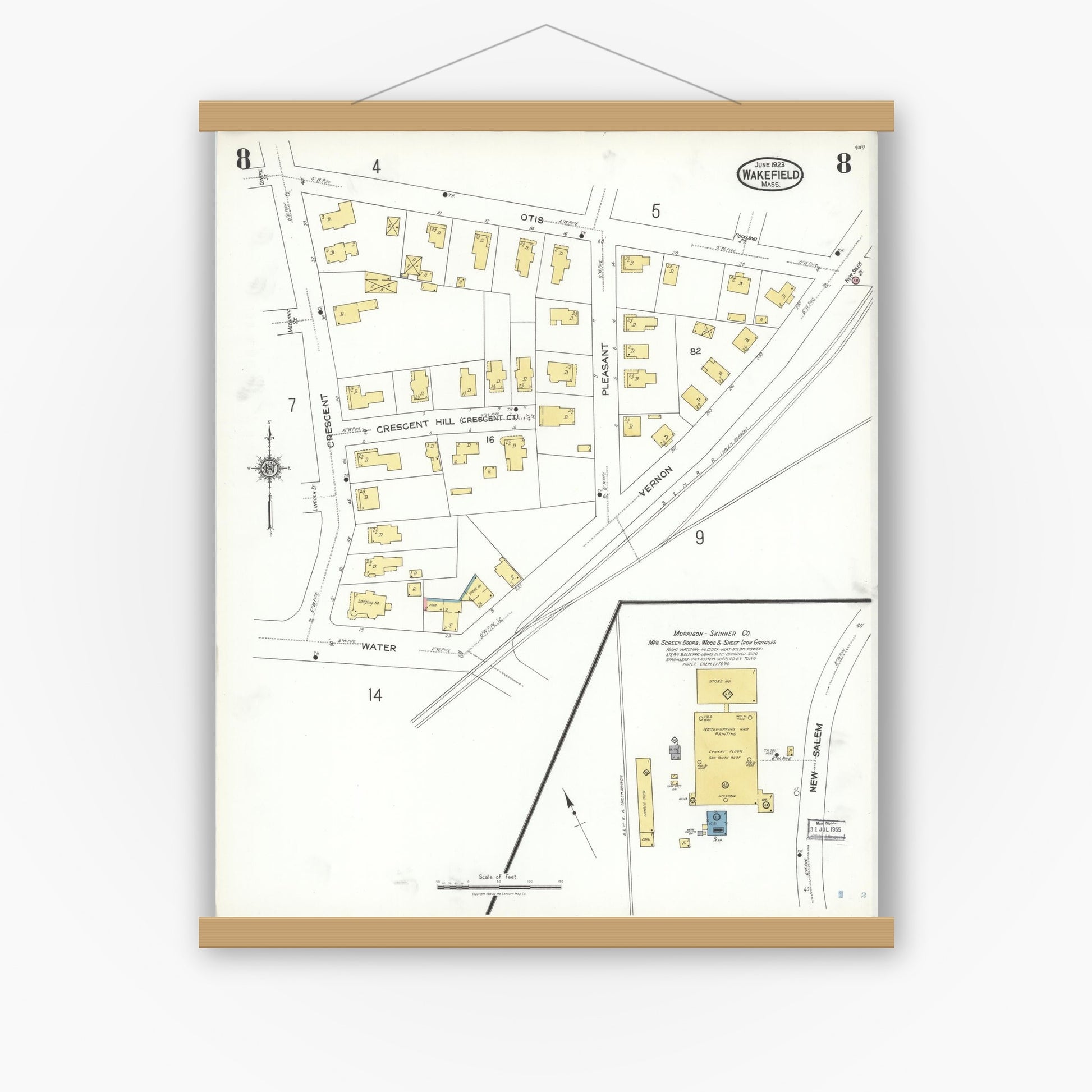 Old map wall art mockup — magnetic wood frame on white wall — Sanborn Fire Insurance Map from Wakefield, Middlesex County, Massachusetts (1923), Sheet #0008
