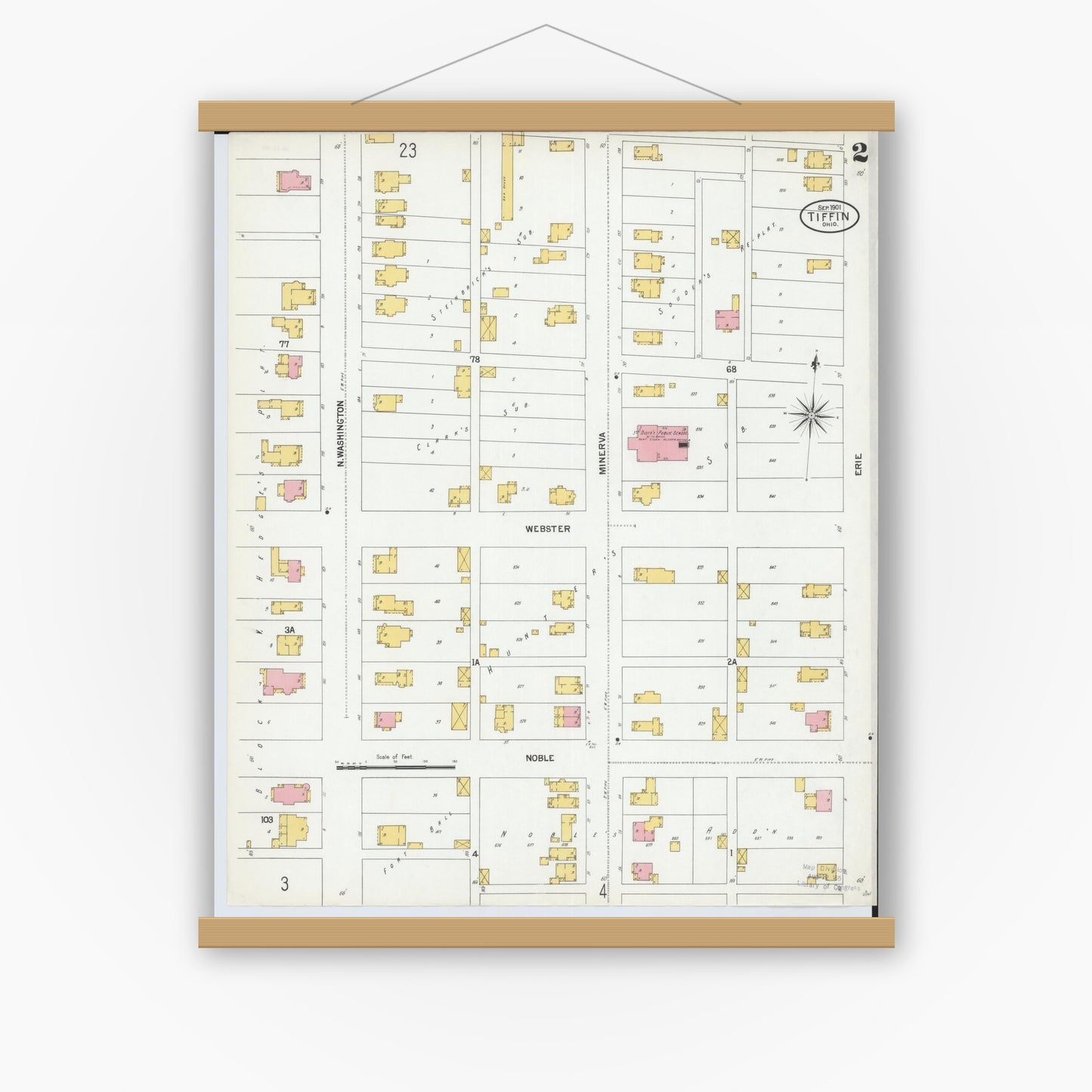 Old map wall art mockup — magnetic wood frame on white wall — Sanborn Fire Insurance Map from Tiffin, Seneca County, Ohio (1901), Sheet #0002