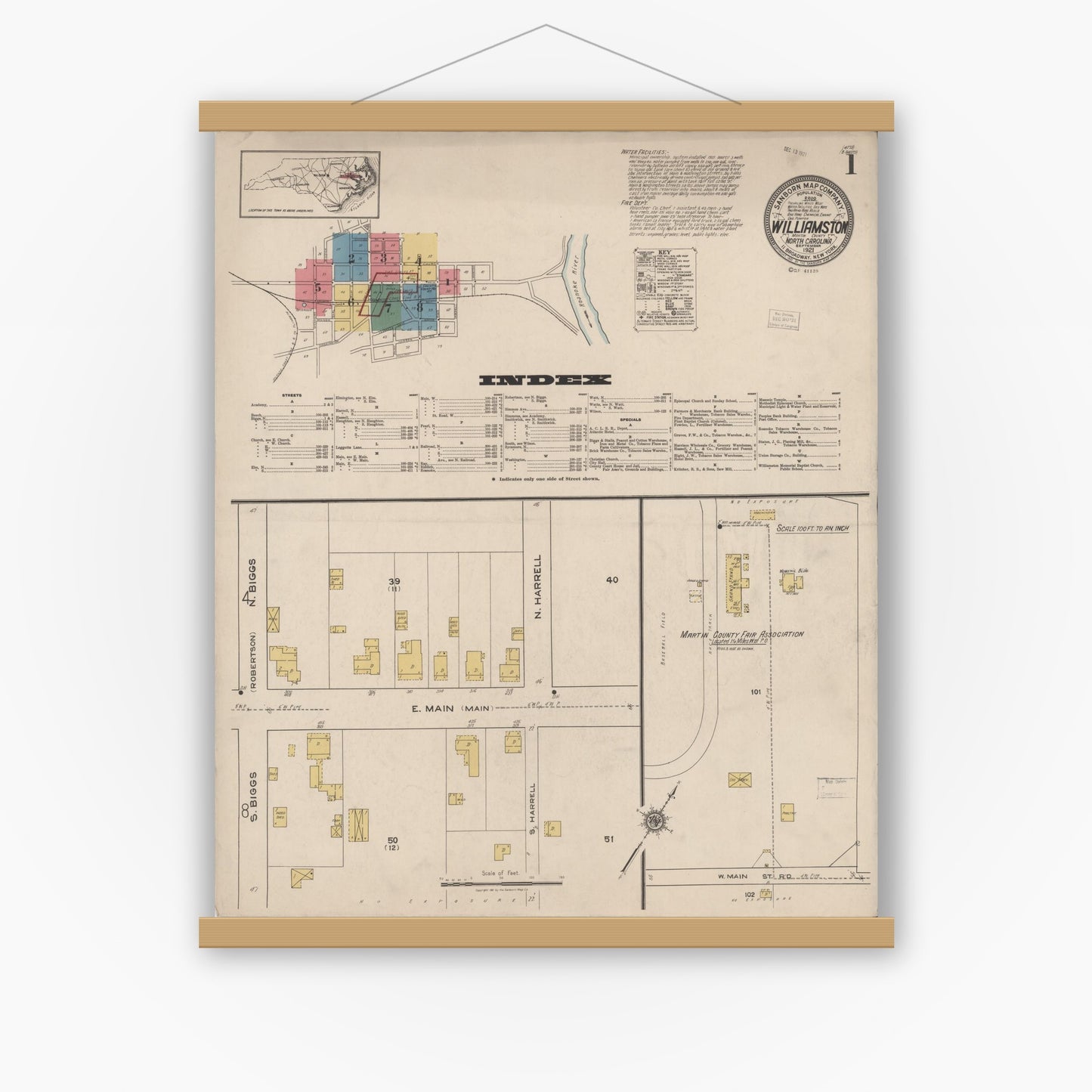 Old map wall art mockup — magnetic wood frame on white wall — Sanborn Fire Insurance Map from Williamston, Martin County, North Carolina (1921) - Complete Map Set