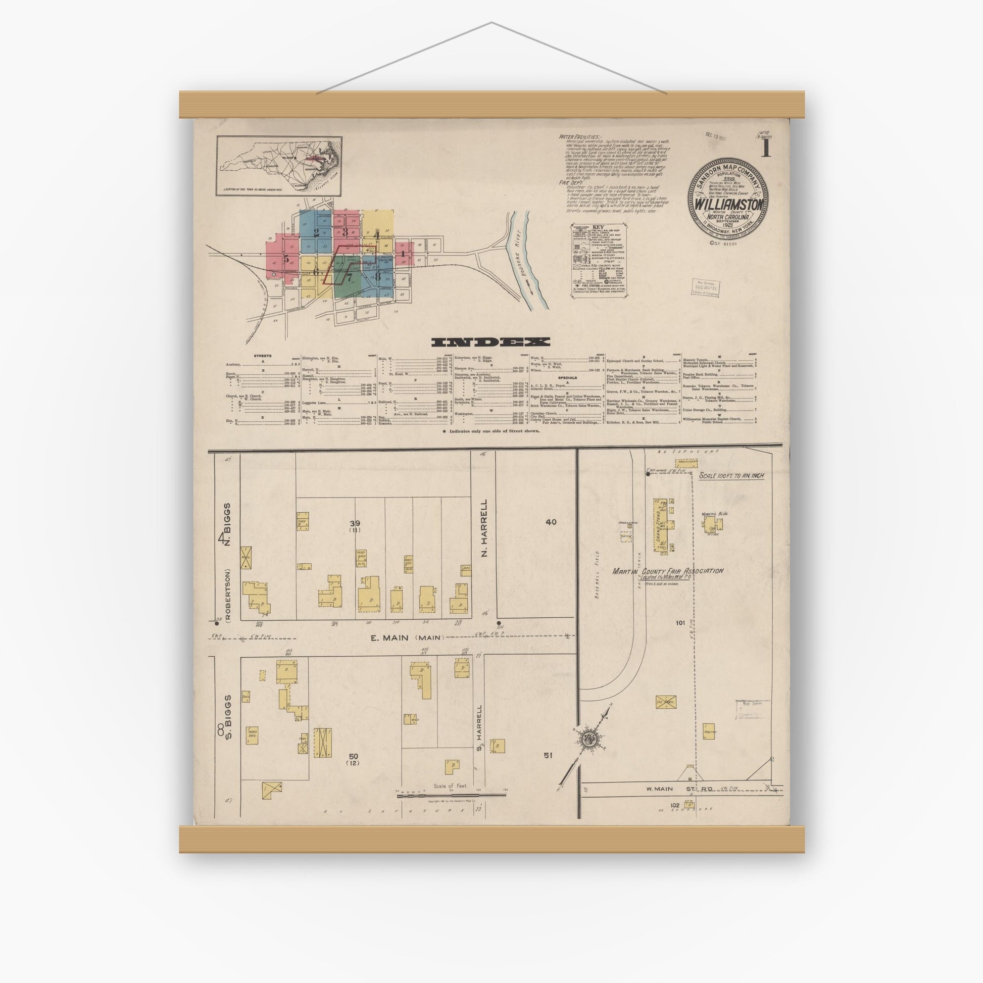 Old map wall art mockup — magnetic wood frame on white wall — Sanborn Fire Insurance Map from Williamston, Martin County, North Carolina (1921) - Complete Map Set