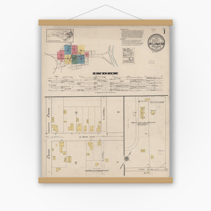 Old map wall art mockup — magnetic wood frame on white wall — Sanborn Fire Insurance Map from Williamston, Martin County, North Carolina (1921) - Complete Map Set