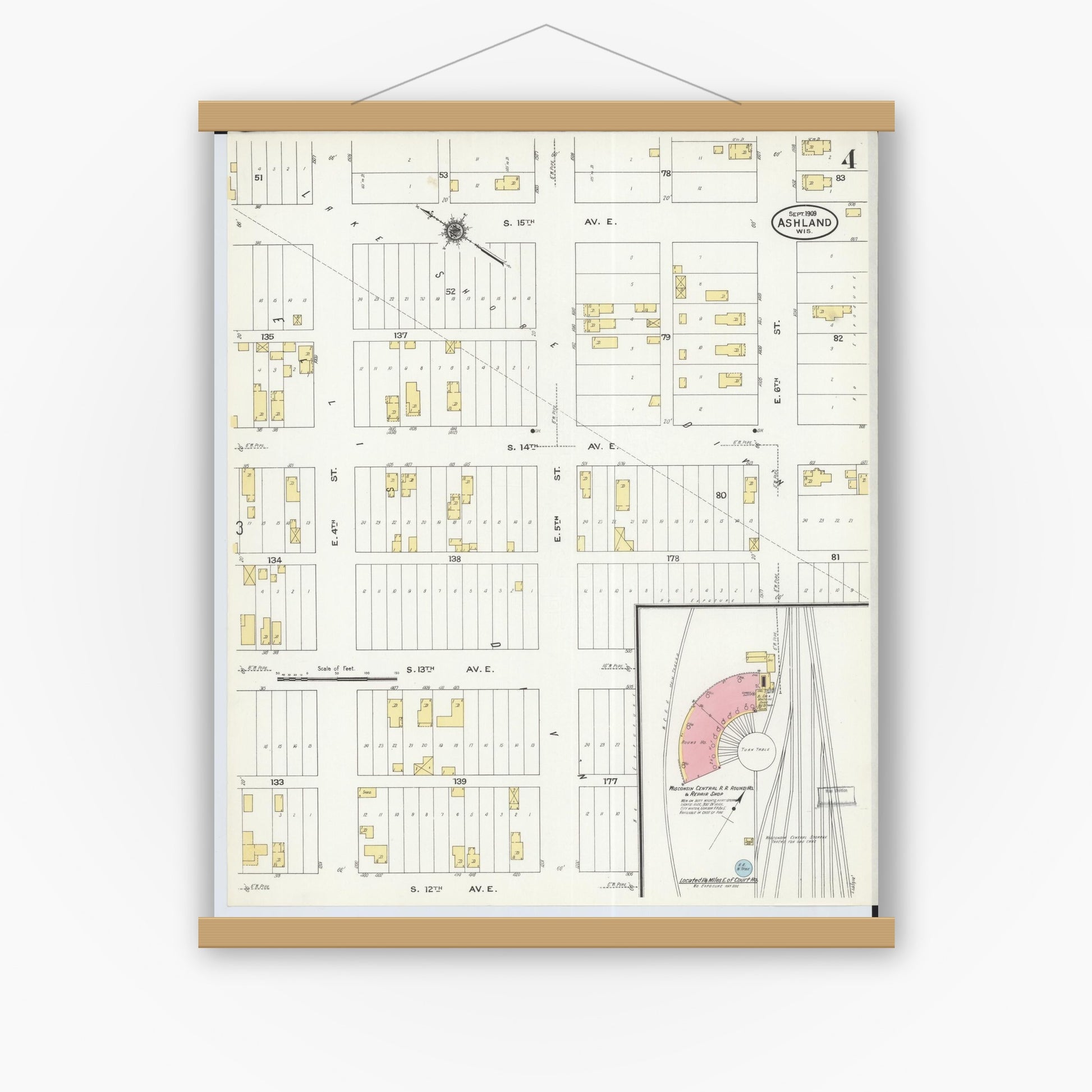 Old map wall art mockup — magnetic wood frame on white wall — Sanborn Fire Insurance Map from Ashland, Ashland County, Wisconsin (1909), Sheet #0004