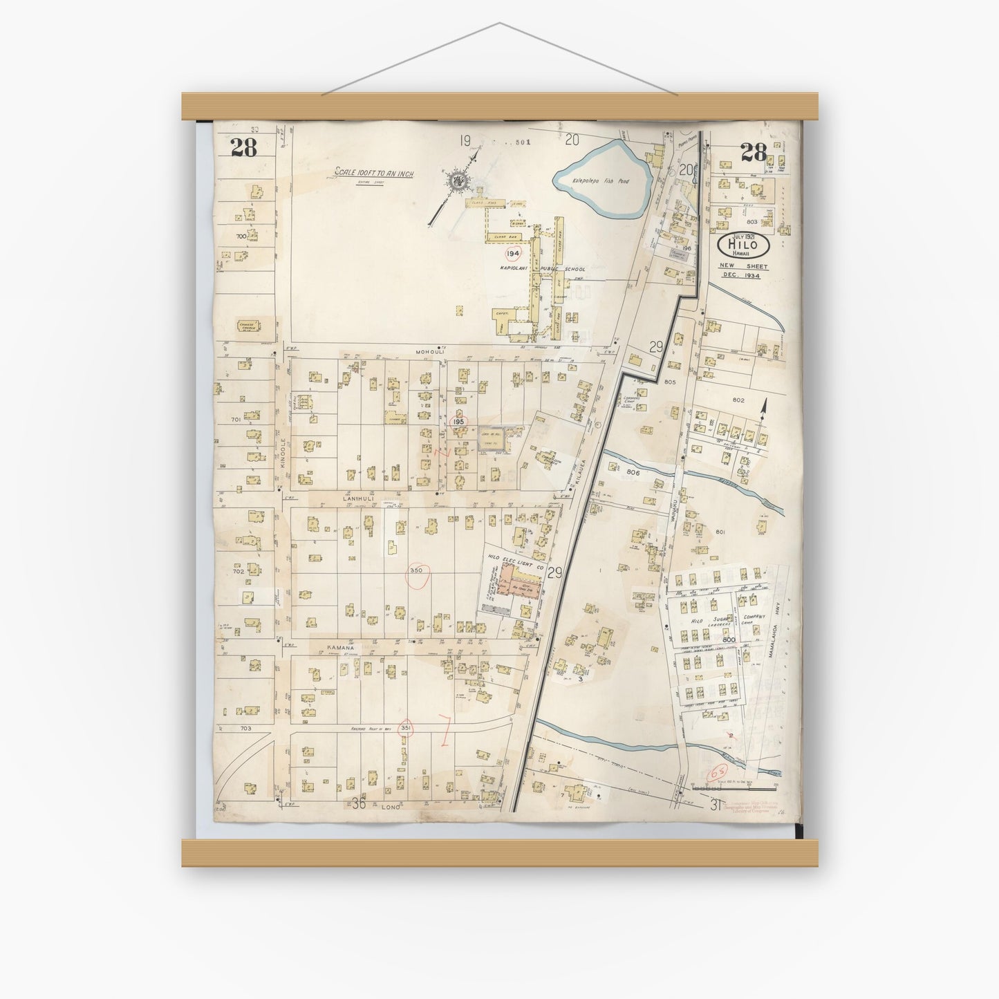 Old map wall art mockup — magnetic wood frame on white wall — Sanborn Fire Insurance Map from Hilo, Hawaii County, Hawaii (1957), Sheet #0028