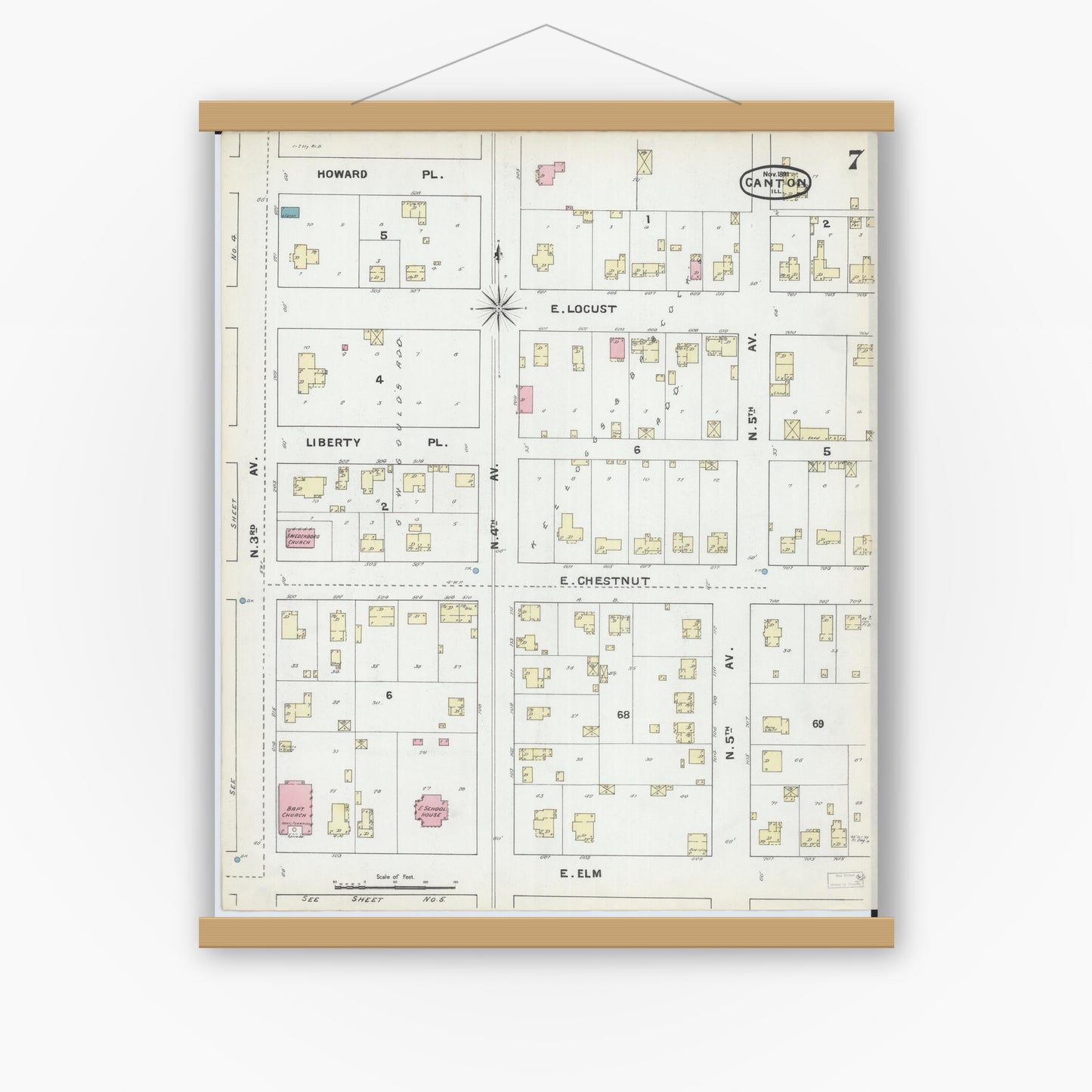 Old map wall art mockup — magnetic wood frame on white wall — Sanborn Fire Insurance Map from Canton, Fulton County, Illinois (1891), Sheet #0007