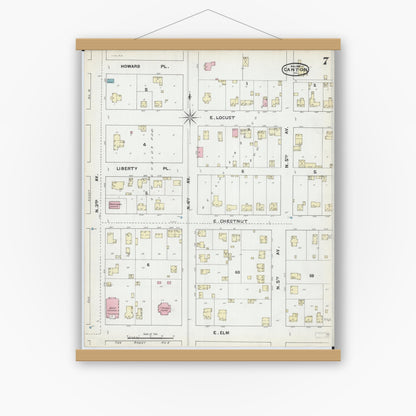 Old map wall art mockup — magnetic wood frame on white wall — Sanborn Fire Insurance Map from Canton, Fulton County, Illinois (1891), Sheet #0007