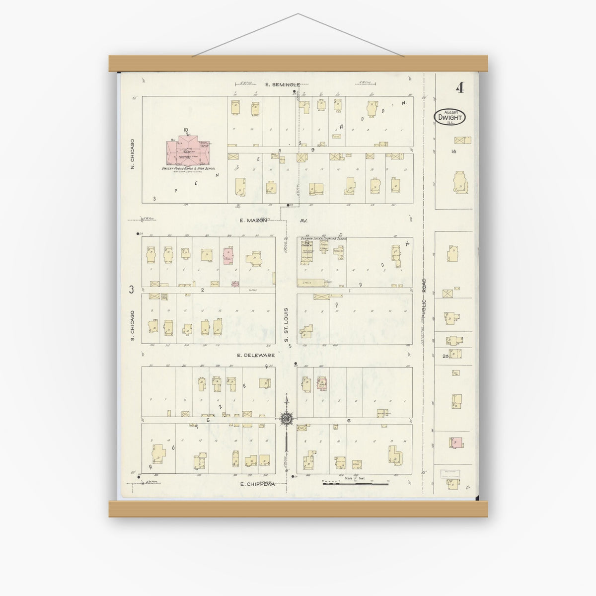 Old map wall art mockup — magnetic wood frame on white wall — Sanborn Fire Insurance Map from Dwight, Livingston County, Illinois (1914), Sheet #0004