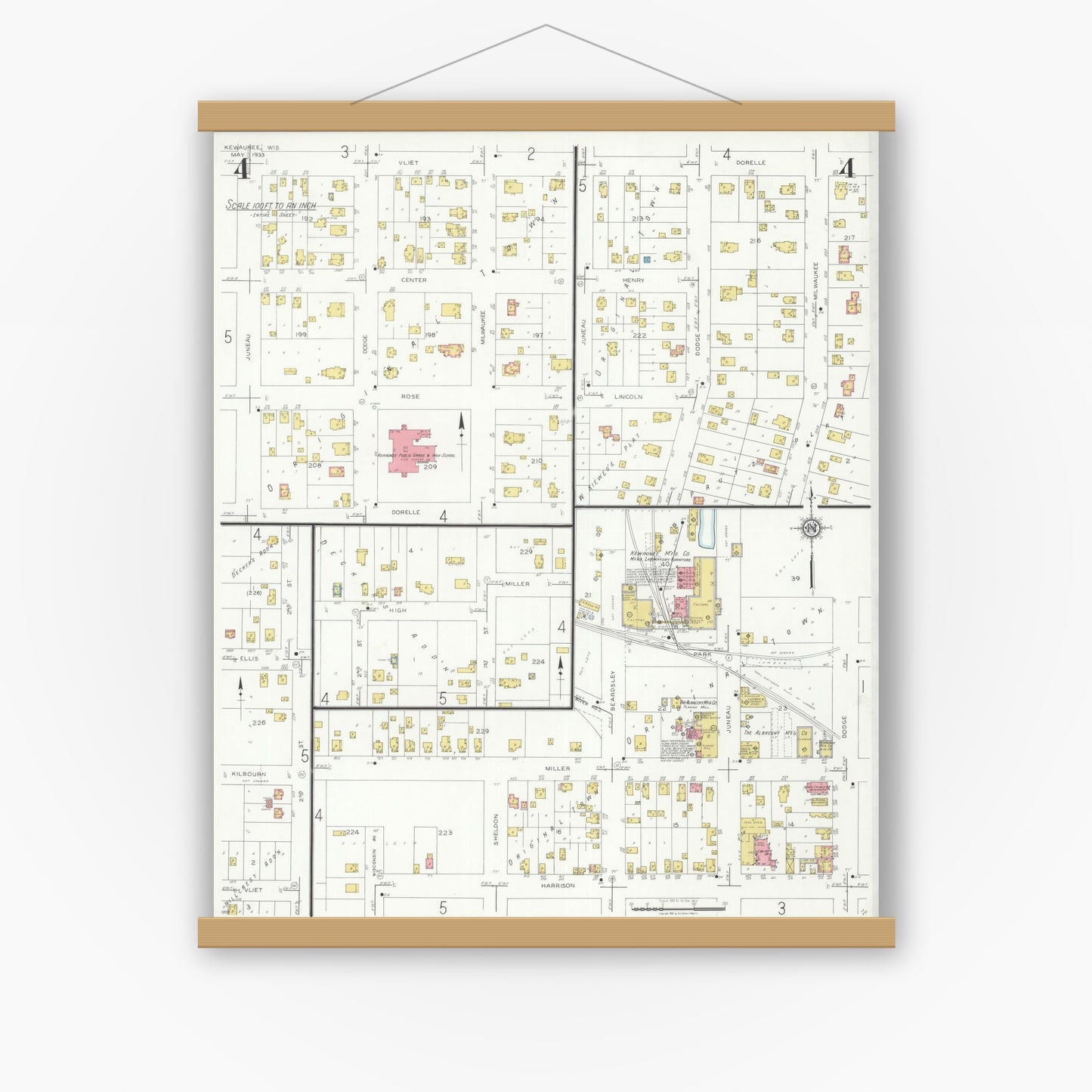 Old map wall art mockup — magnetic wood frame on white wall — Sanborn Fire Insurance Map from Kewaunee, Kewaunee County, Wisconsin (1933), Sheet #0004