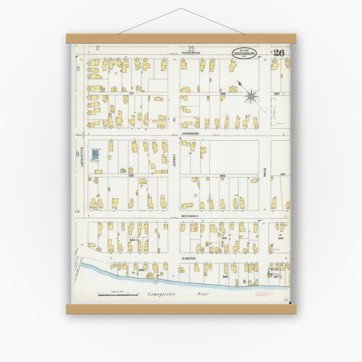 Old map wall art mockup — magnetic wood frame on white wall — Sanborn Fire Insurance Map from Ogdensburg, St. Lawrence County, New York (1904), Sheet #0026