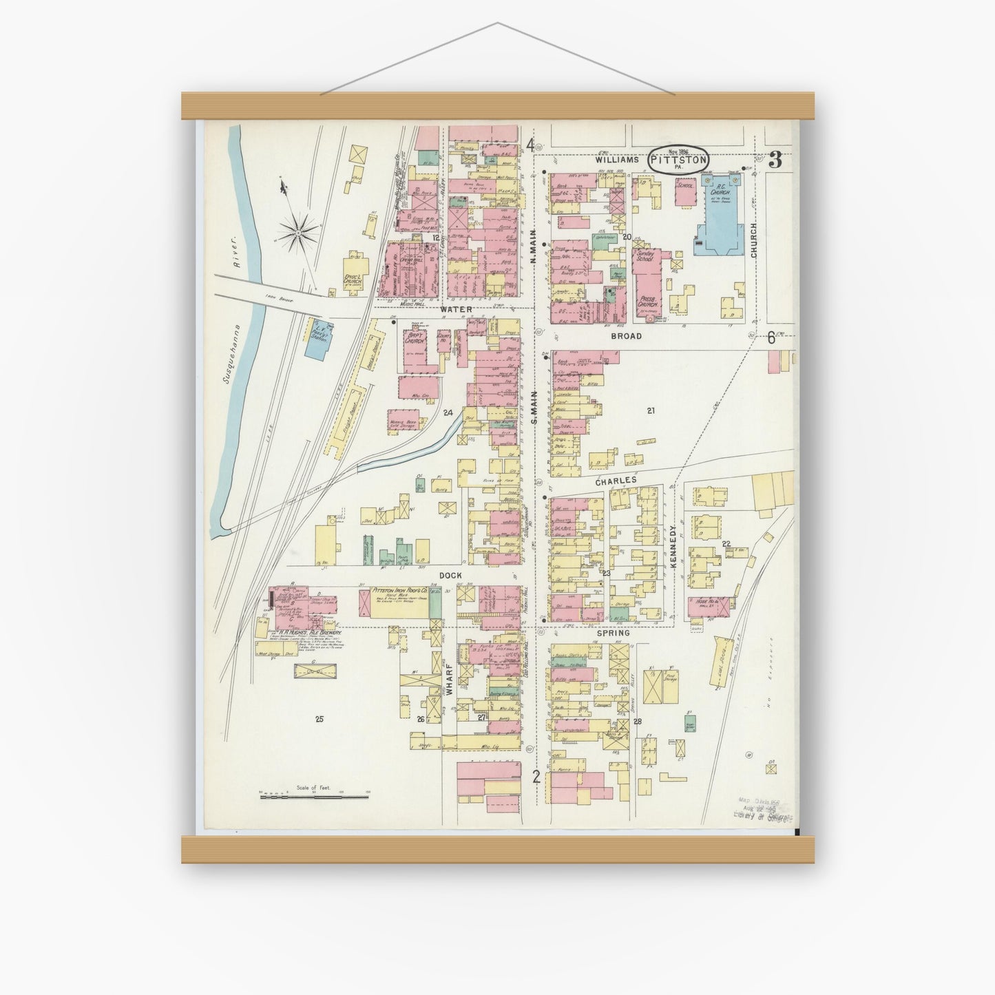Old map wall art mockup — magnetic wood frame on white wall — Sanborn Fire Insurance Map from Pittston, Luzerne County, Pennsylvania (1896), Sheet #0003