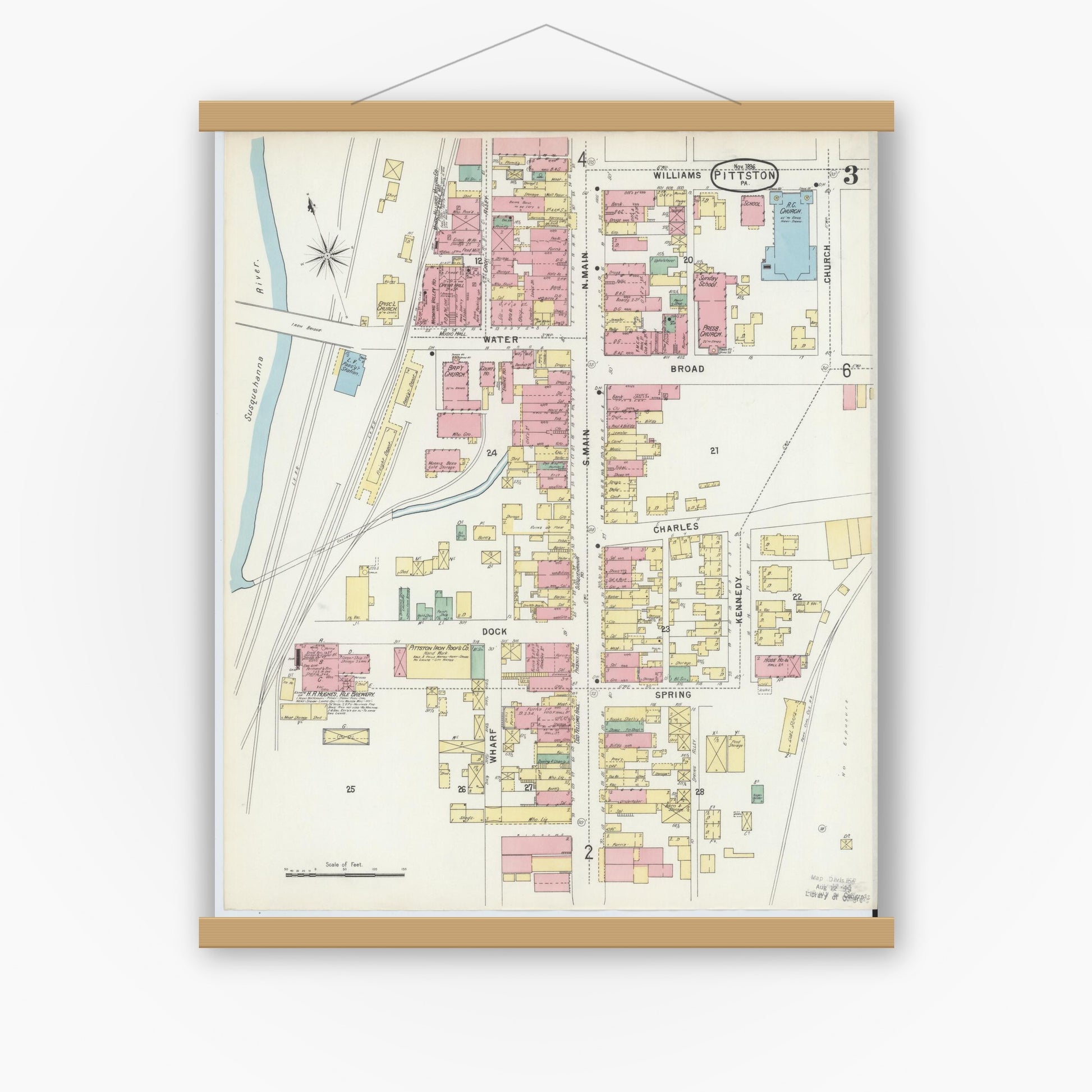 Old map wall art mockup — magnetic wood frame on white wall — Sanborn Fire Insurance Map from Pittston, Luzerne County, Pennsylvania (1896), Sheet #0003