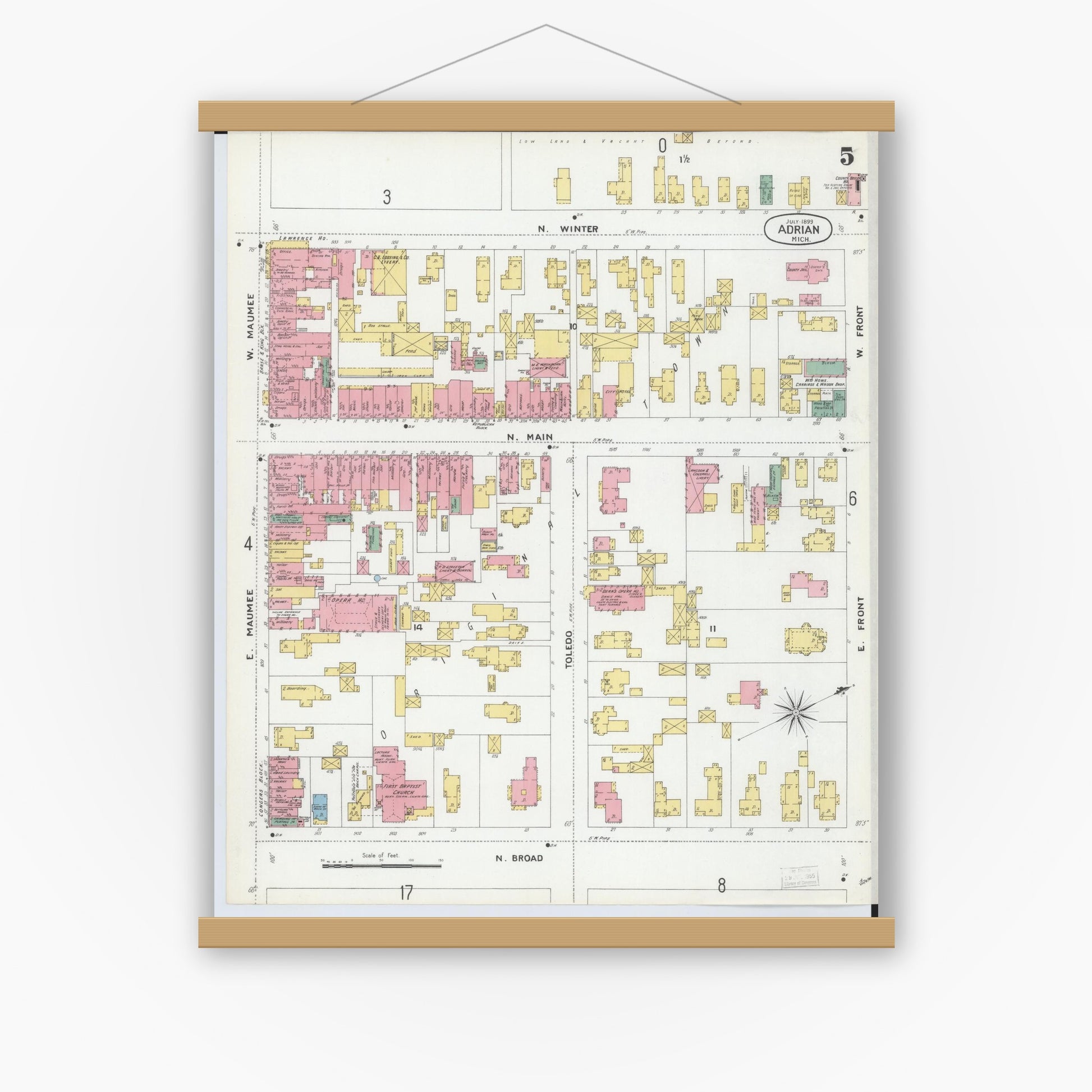 Old map wall art mockup — magnetic wood frame on white wall — Sanborn Fire Insurance Map from Adrian, Lenawee County, Michigan (1899), Sheet #0005
