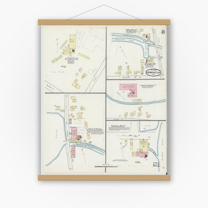Old map wall art mockup — magnetic wood frame on white wall — Sanborn Fire Insurance Map from Leominster, Worcester County, Massachusetts (1891), Sheet #0008