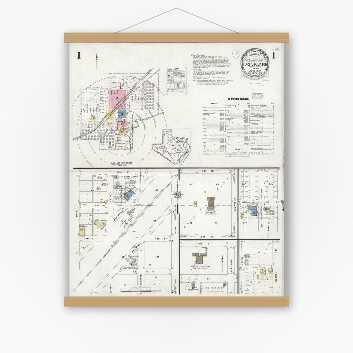 Old map wall art mockup — magnetic wood frame on white wall — Sanborn Fire Insurance Map from Fort Stockton, Pecos County, Texas (1927) - Complete Map Set