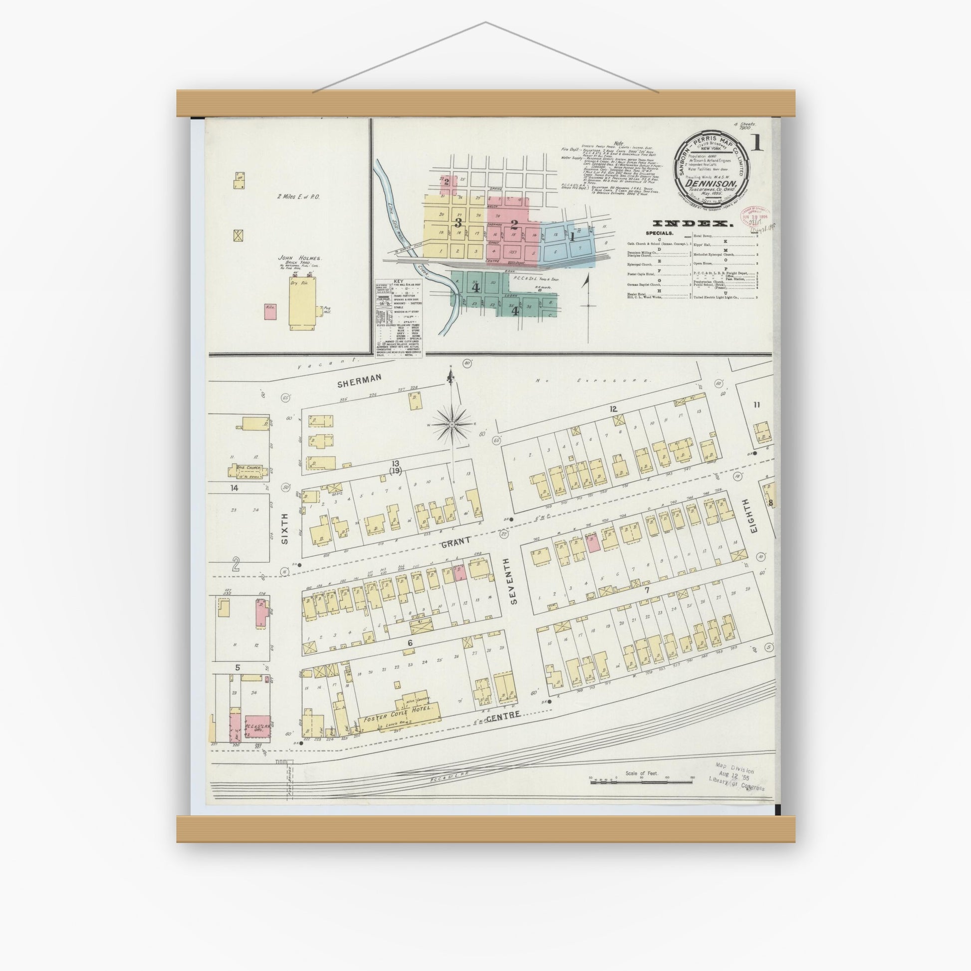 Old map wall art mockup — magnetic wood frame on white wall — Sanborn Fire Insurance Map from Dennison, Tuscarawas County, Ohio (1895) - Complete Map Set