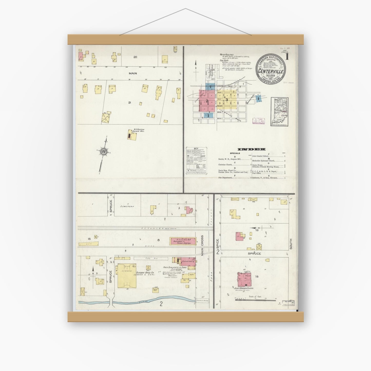 Old map wall art mockup — magnetic wood frame on white wall — Sanborn Fire Insurance Map from Centerville, Wayne County, Indiana (1913) - Complete Map Set