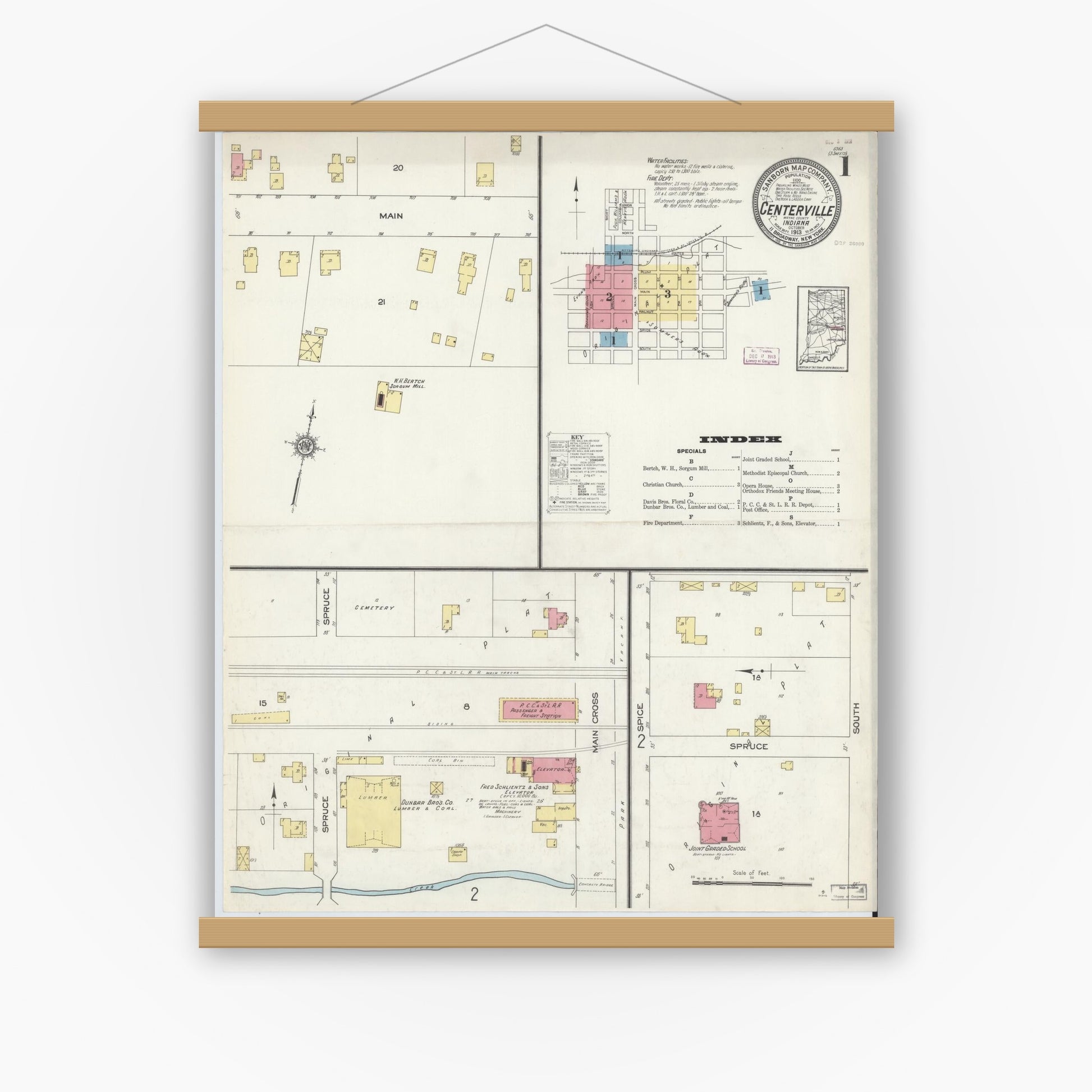 Old map wall art mockup — magnetic wood frame on white wall — Sanborn Fire Insurance Map from Centerville, Wayne County, Indiana (1913) - Complete Map Set