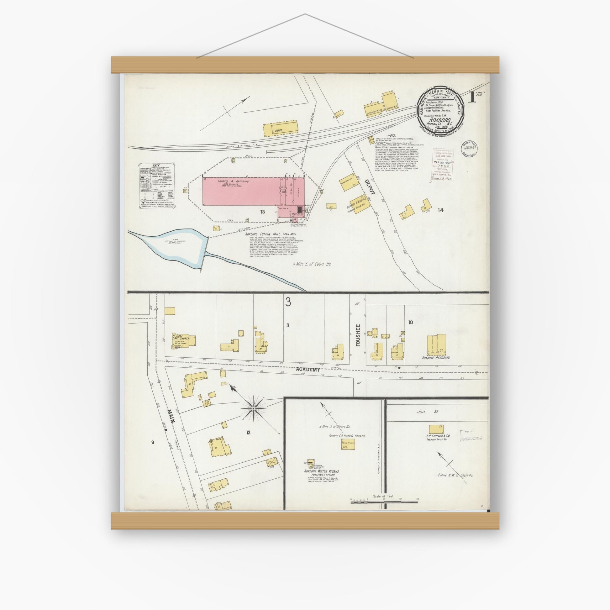 Old map wall art mockup — magnetic wood frame on white wall — Sanborn Fire Insurance Map from Roxboro, Person County, North Carolina (1900) - Complete Map Set