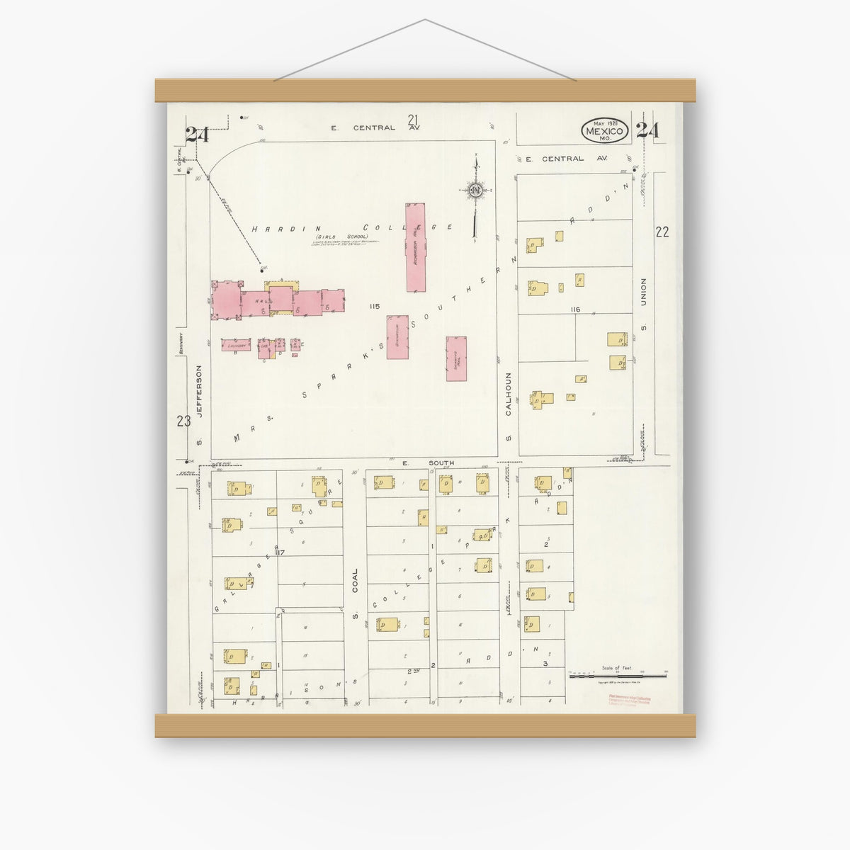 Old map wall art mockup — magnetic wood frame on white wall — Sanborn Fire Insurance Map from Mexico, Audrain County, Missouri (1926), Sheet #0024