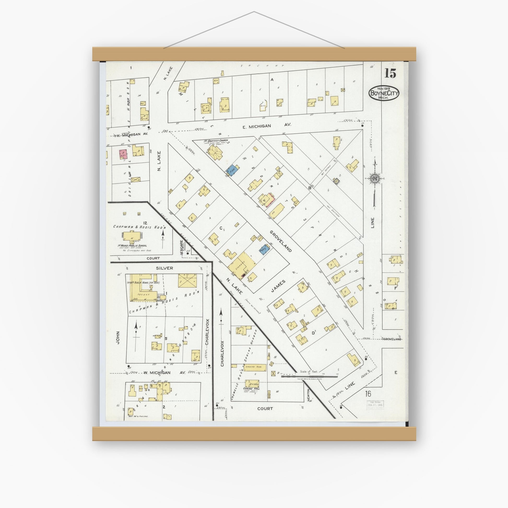 Old map wall art mockup — magnetic wood frame on white wall — Sanborn Fire Insurance Map from Boyne City, Charlevoix County, Michigan (1919), Sheet #0015