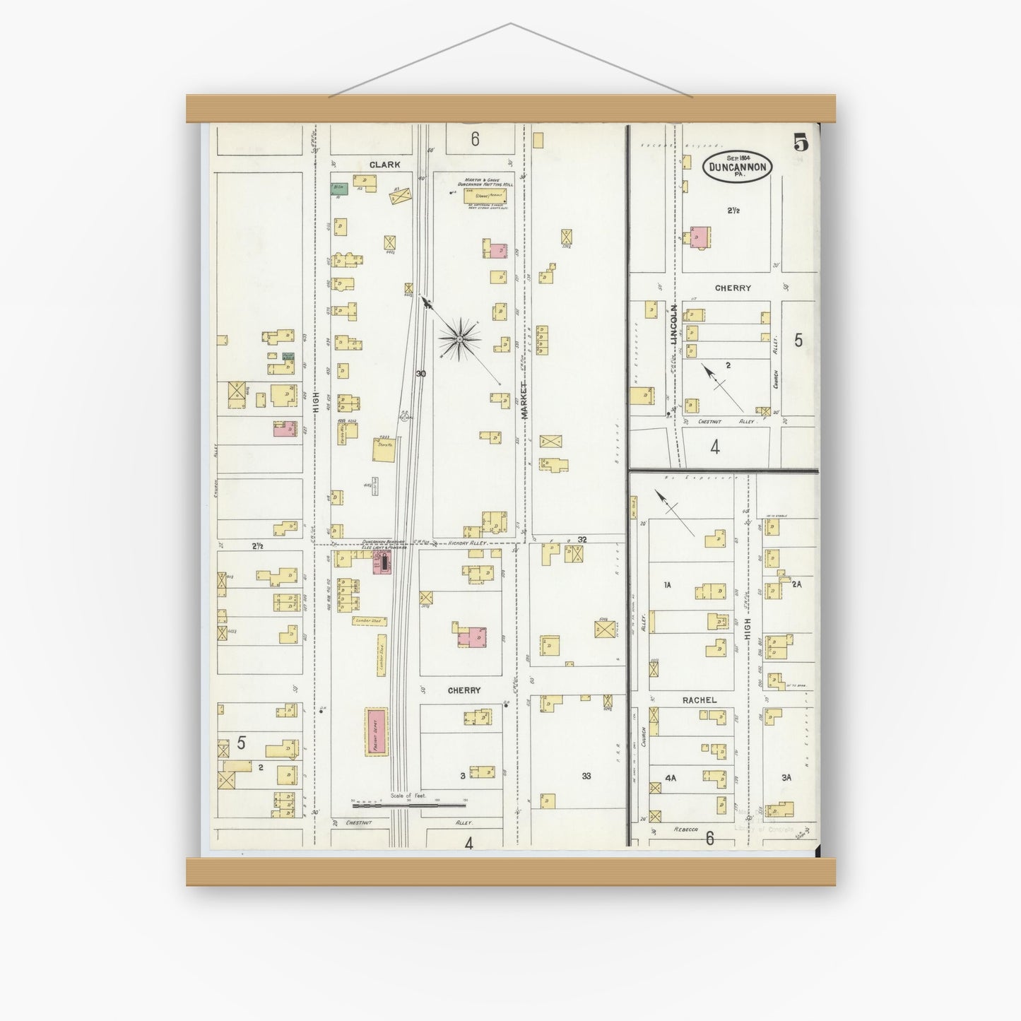 Old map wall art mockup — magnetic wood frame on white wall — Sanborn Fire Insurance Map from Duncannon, Perry County, Pennsylvania (1904), Sheet #0005