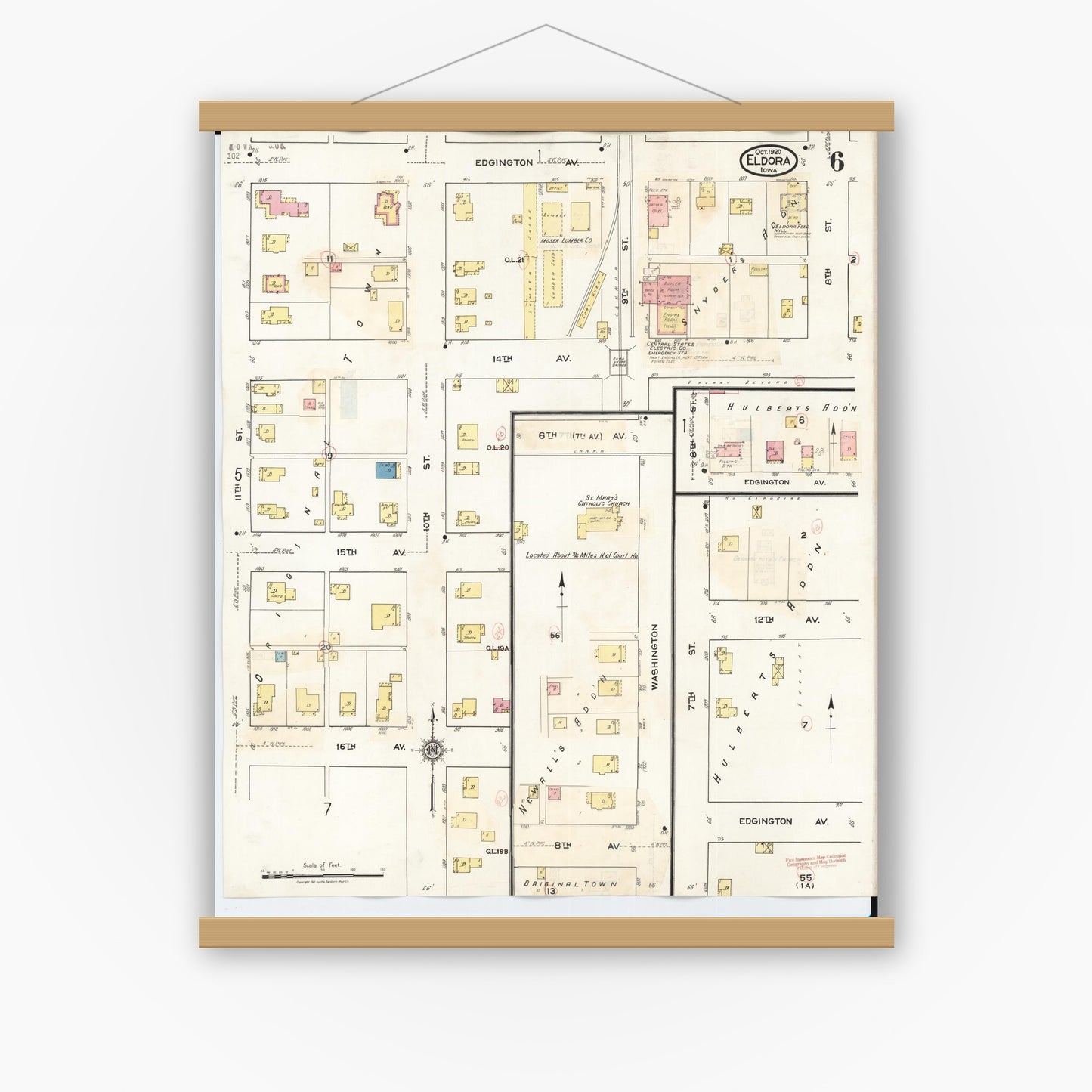 Old map wall art mockup — magnetic wood frame on white wall — Sanborn Fire Insurance Map from Eldora, Hardin County, Iowa (1940), Sheet #0006