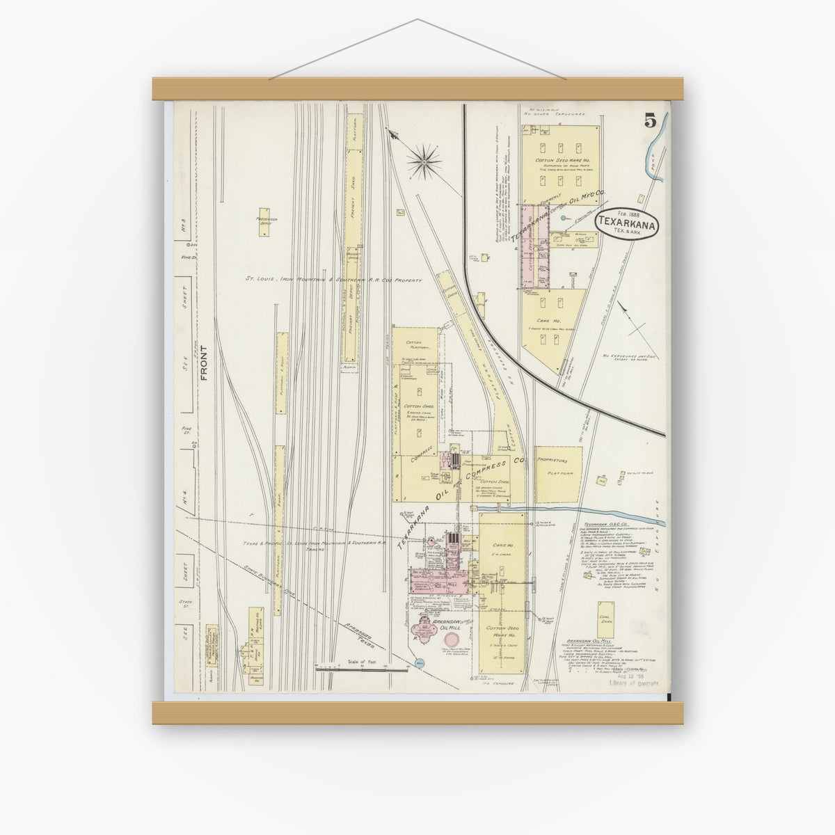 Old map wall art mockup — magnetic wood frame on white wall — Sanborn Fire Insurance Map from Texarkana, Bowie County, Texas (1888), Sheet #0005