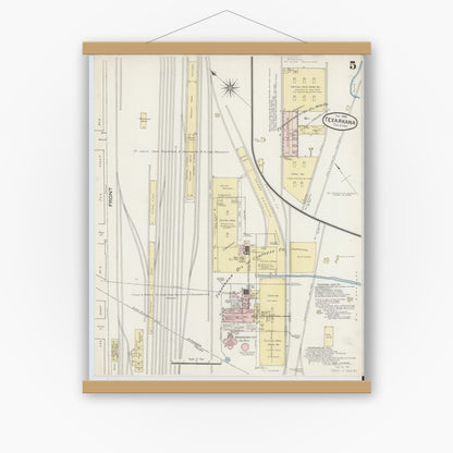 Old map wall art mockup — magnetic wood frame on white wall — Sanborn Fire Insurance Map from Texarkana, Bowie County, Texas (1888), Sheet #0005