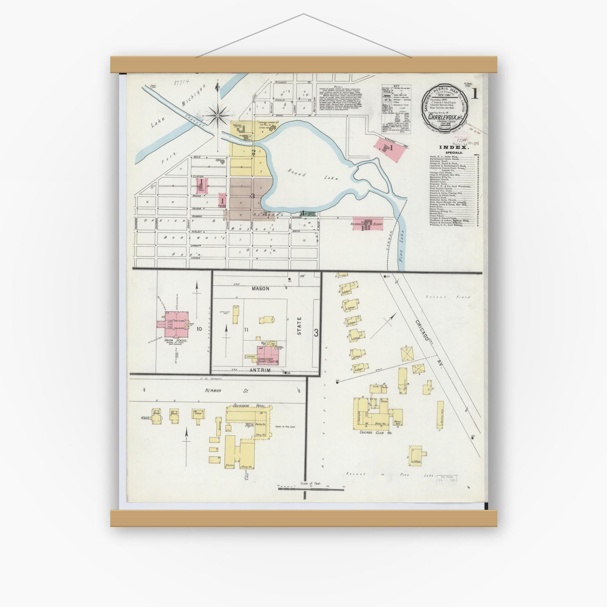 Old map wall art mockup — magnetic wood frame on white wall — Sanborn Fire Insurance Map from Charlevoix, Charlevoix County, Michigan (1896), Sheet #0001