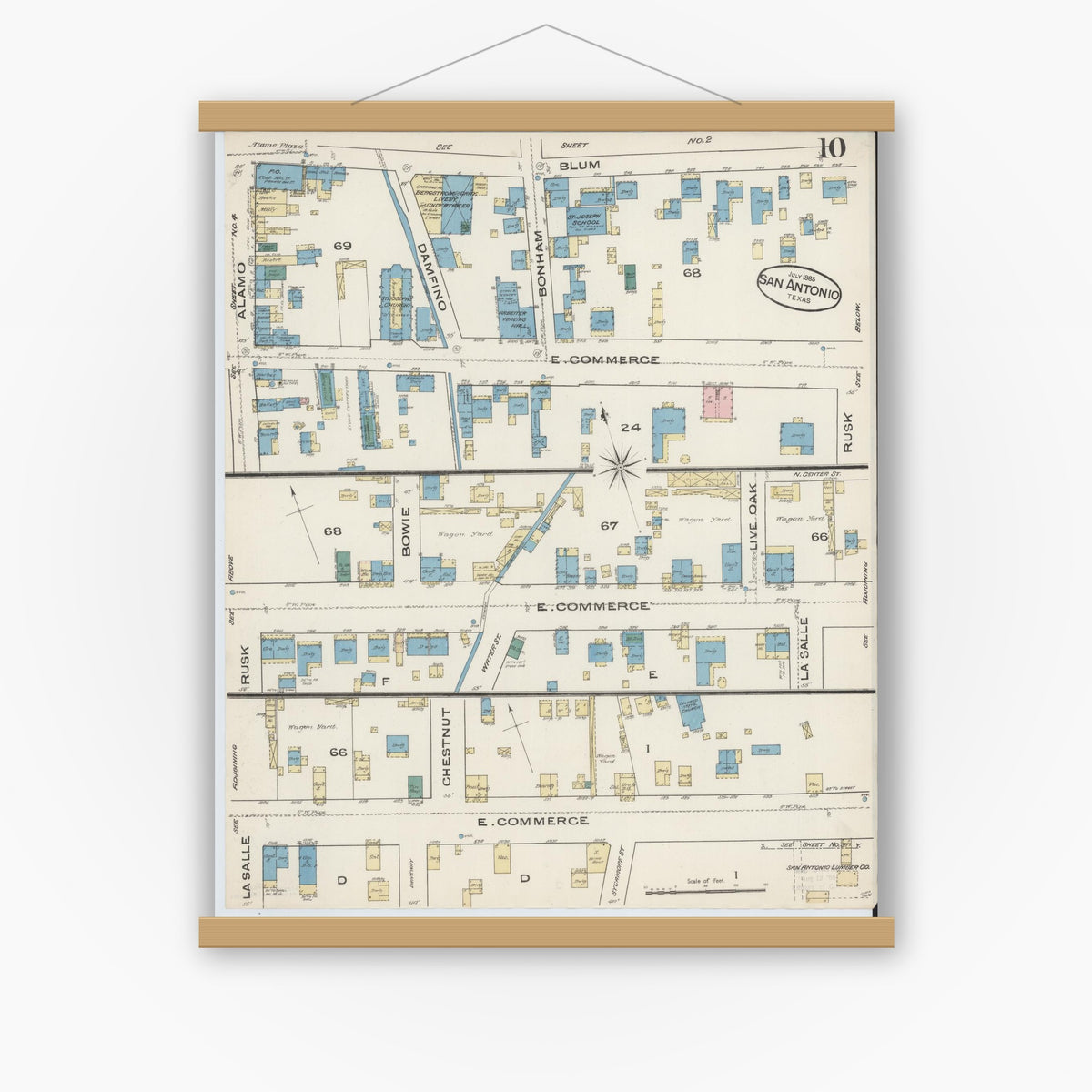 Old map wall art mockup — magnetic wood frame on white wall — Sanborn Fire Insurance Map from San Antonio, Bexar County, Texas (1885), Sheet #0010
