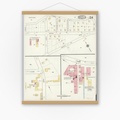 Old map wall art mockup — magnetic wood frame on white wall — Sanborn Fire Insurance Map from Westfield, Hampden County, Massachusetts (1917), Sheet #0024