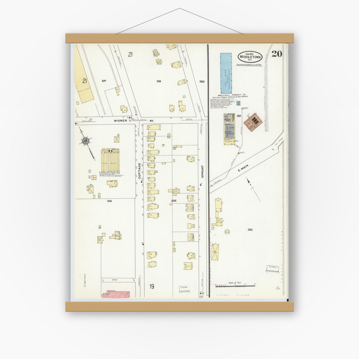 Old map wall art mockup — magnetic wood frame on white wall — Sanborn Fire Insurance Map from Middletown, Orange County, New York (1910), Sheet #0020
