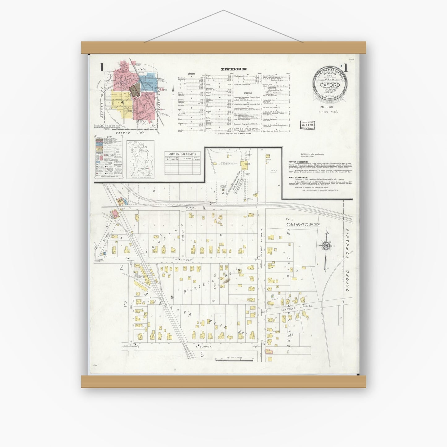 Old map wall art mockup — magnetic wood frame on white wall — Sanborn Fire Insurance Map from Oxford, Oakland County, Michigan (1937) - Complete Map Set