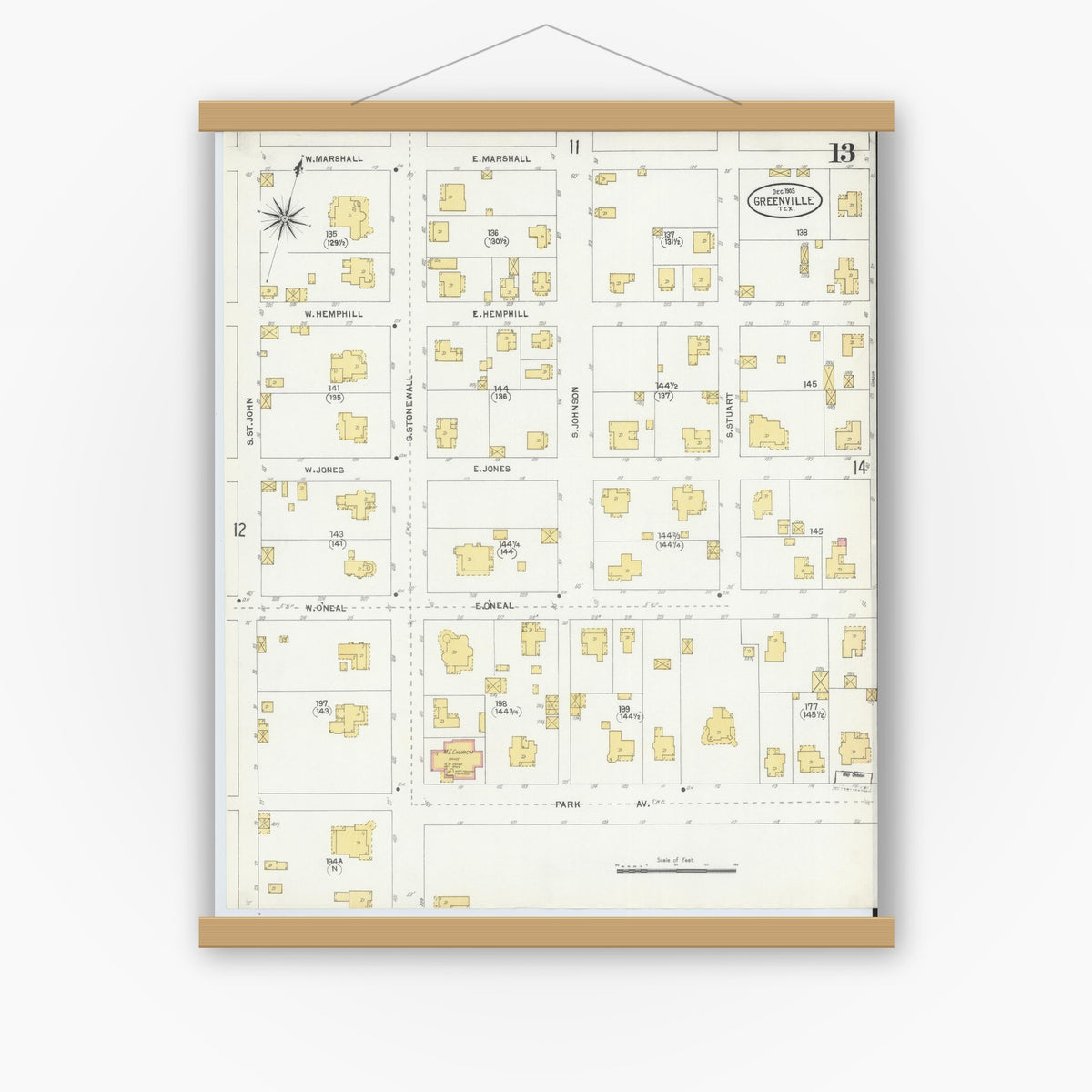 Old map wall art mockup — magnetic wood frame on white wall — Sanborn Fire Insurance Map from Greenville, Hunt County, Texas (1903), Sheet #0013