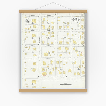 Old map wall art mockup — magnetic wood frame on white wall — Sanborn Fire Insurance Map from Greenville, Hunt County, Texas (1903), Sheet #0013