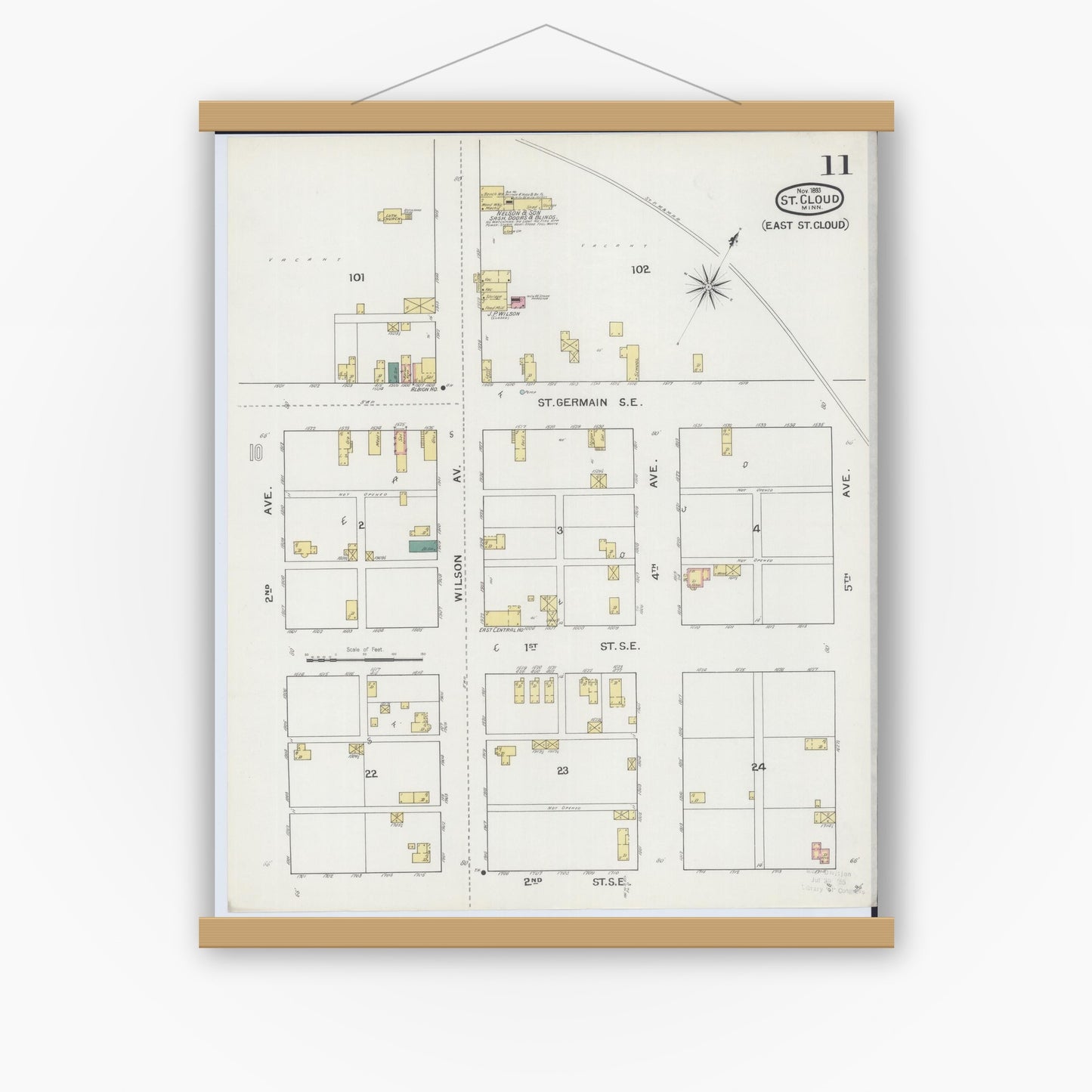 Old map wall art mockup — magnetic wood frame on white wall — Sanborn Fire Insurance Map from Saint Cloud, Stearns, Benton, and Sherburne Counties, Minnesota (1893), Sheet #0011