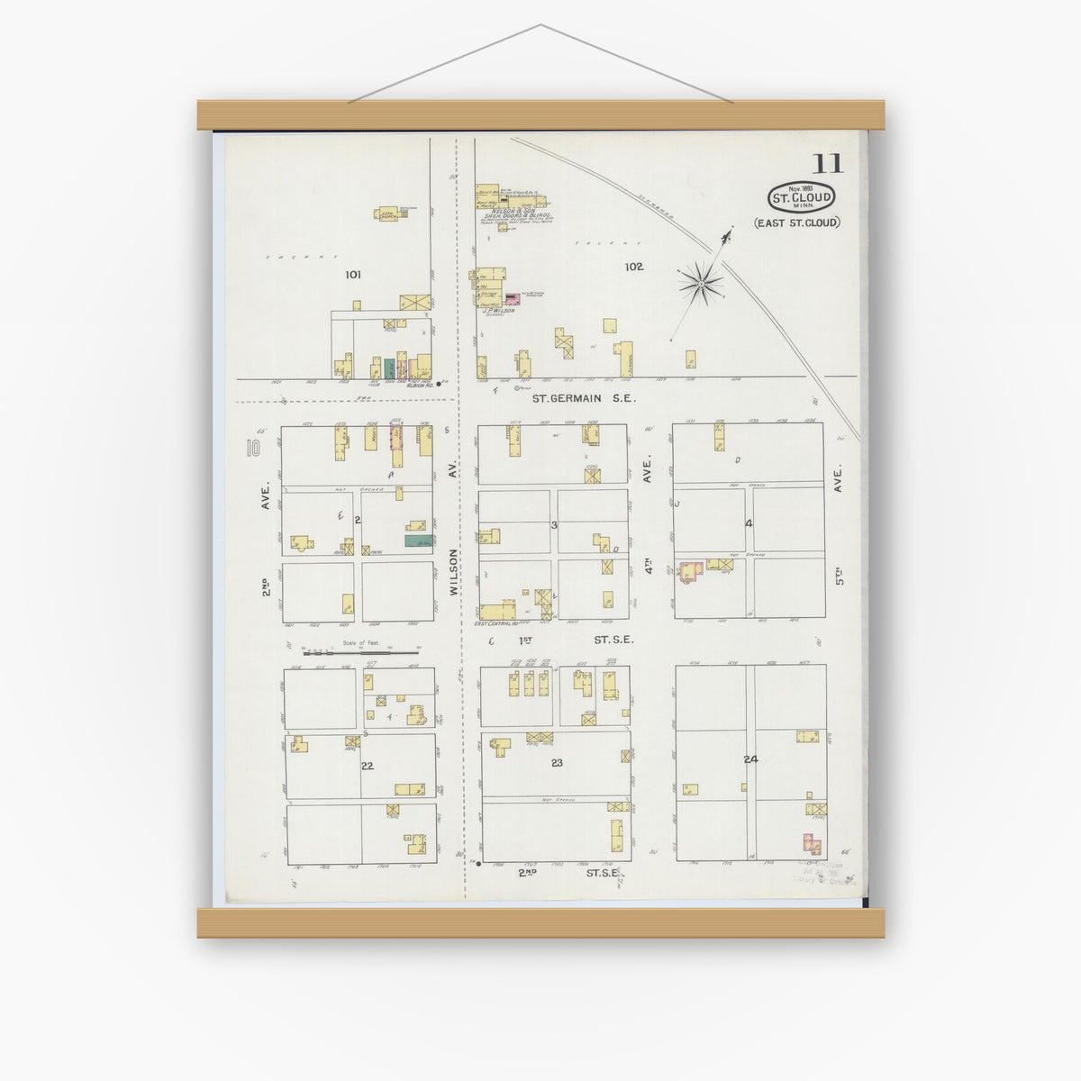 Old map wall art mockup — magnetic wood frame on white wall — Sanborn Fire Insurance Map from Saint Cloud, Stearns, Benton, and Sherburne Counties, Minnesota (1893), Sheet #0011