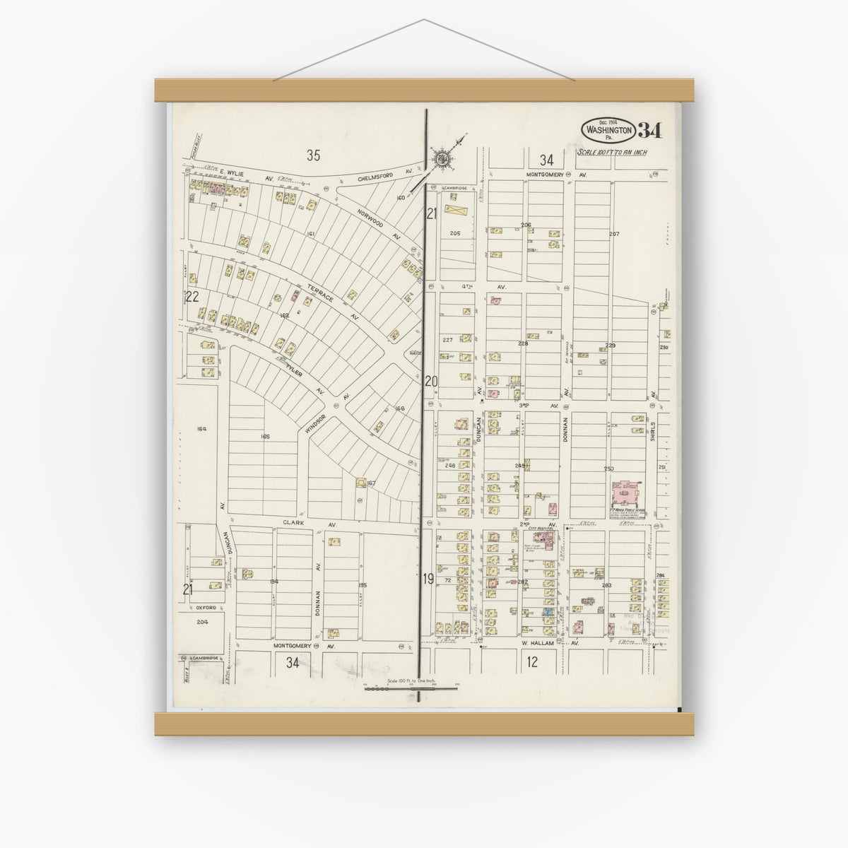 Old map wall art mockup — magnetic wood frame on white wall — Sanborn Fire Insurance Map from Washington, Washington County, Pennsylvania (1914), Sheet #0034