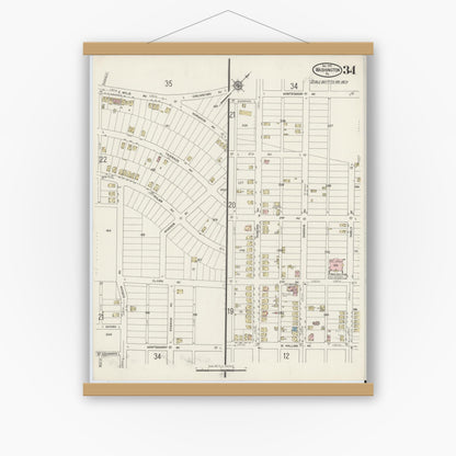 Old map wall art mockup — magnetic wood frame on white wall — Sanborn Fire Insurance Map from Washington, Washington County, Pennsylvania (1914), Sheet #0034