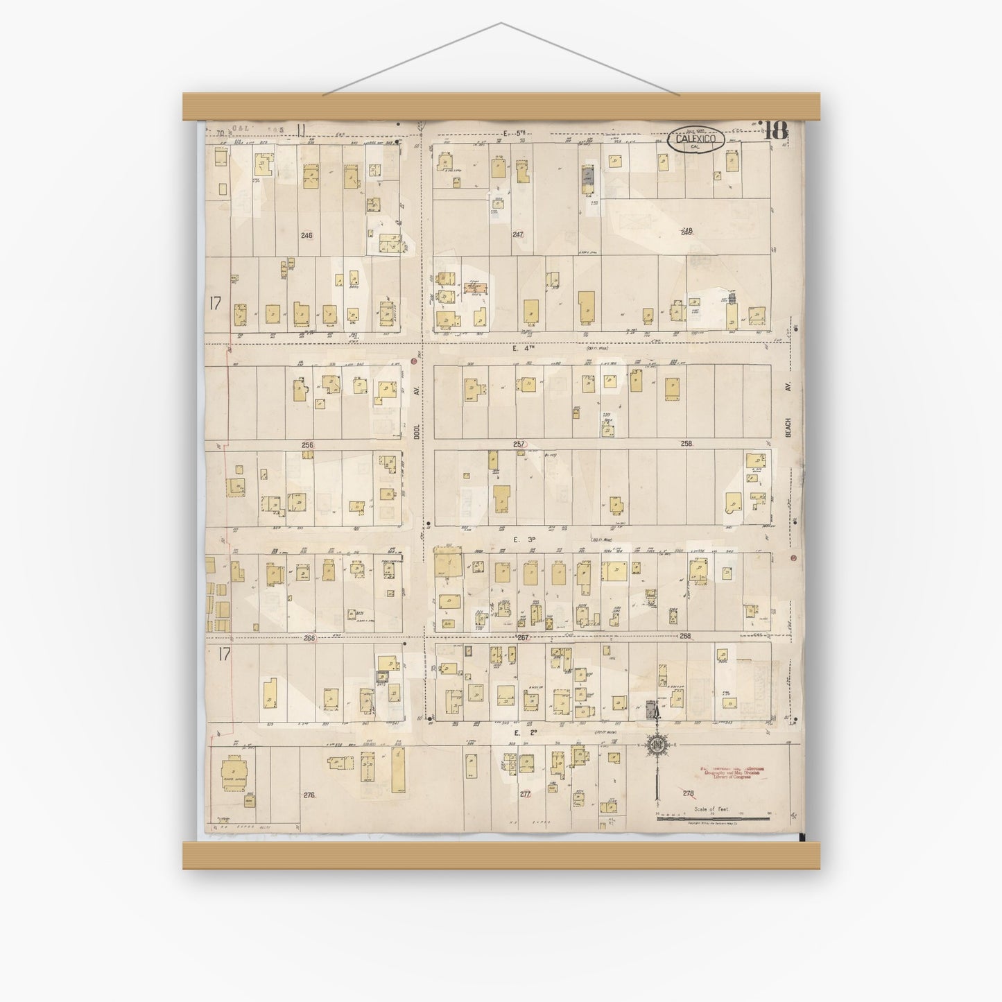 Old map wall art mockup — magnetic wood frame on white wall — Sanborn Fire Insurance Map from Calexico, Imperial County, California (1949), Sheet #0018