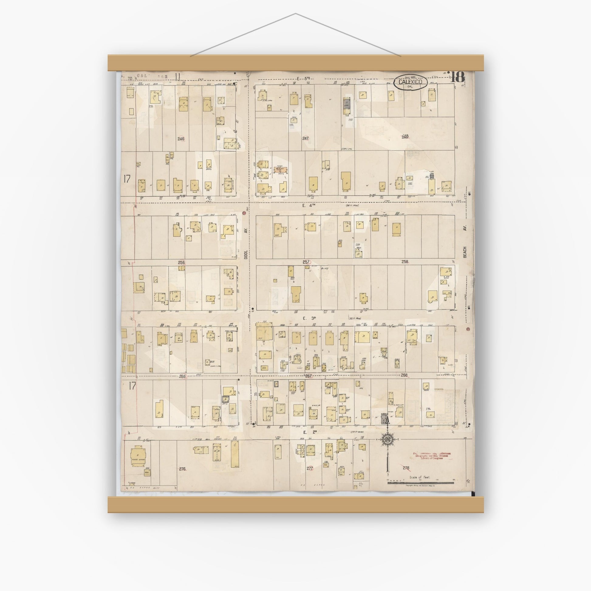 Old map wall art mockup — magnetic wood frame on white wall — Sanborn Fire Insurance Map from Calexico, Imperial County, California (1949), Sheet #0018