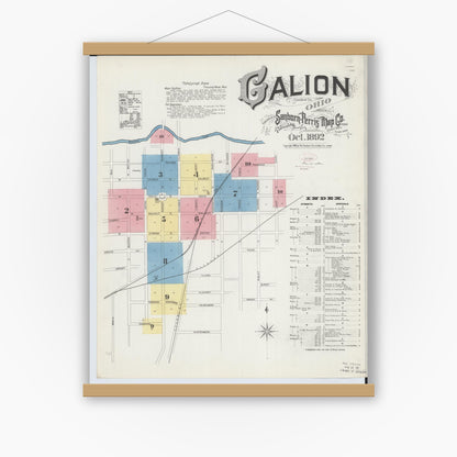 Old map wall art mockup — magnetic wood frame on white wall — Sanborn Fire Insurance Map from Galion, Crawford County, Ohio (1892), Sheet #0001