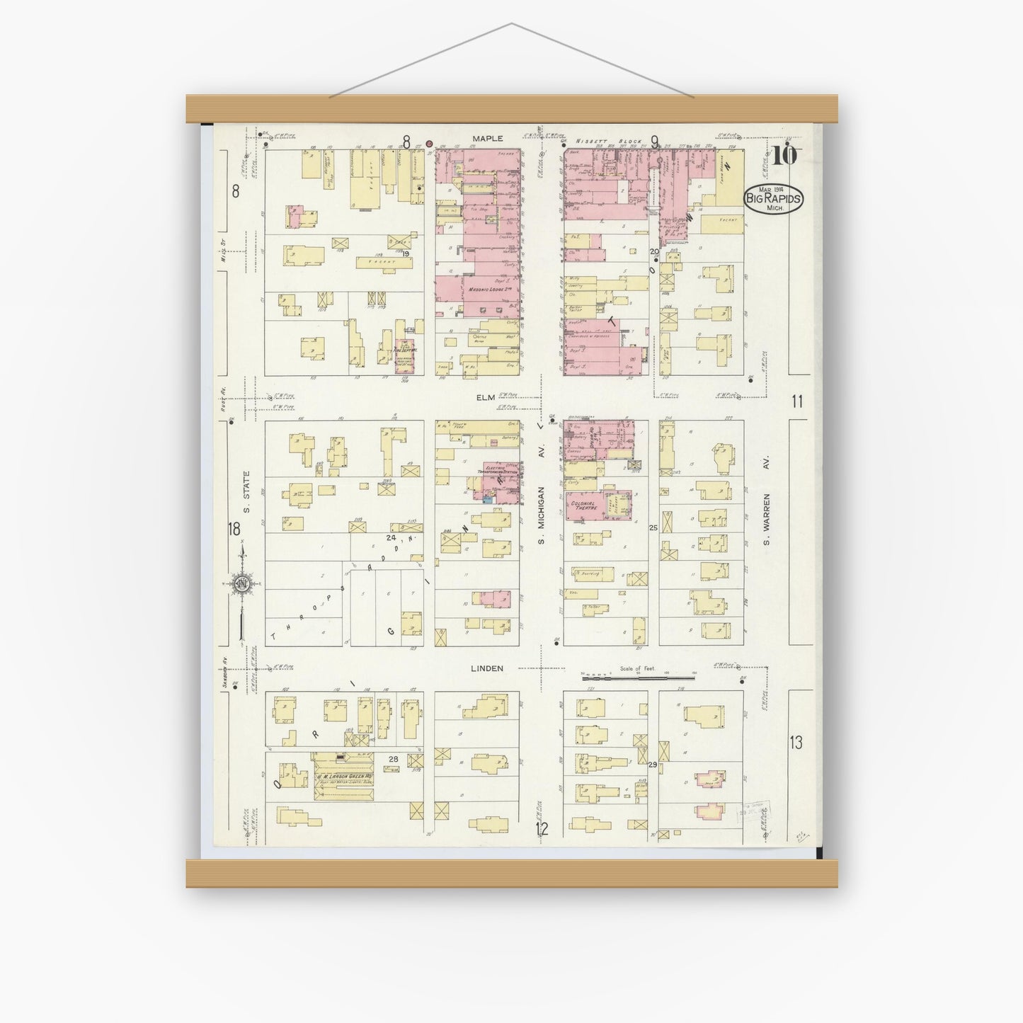 Old map wall art mockup — magnetic wood frame on white wall — Sanborn Fire Insurance Map from Big Rapids, Mecosta County, Michigan (1914), Sheet #0010