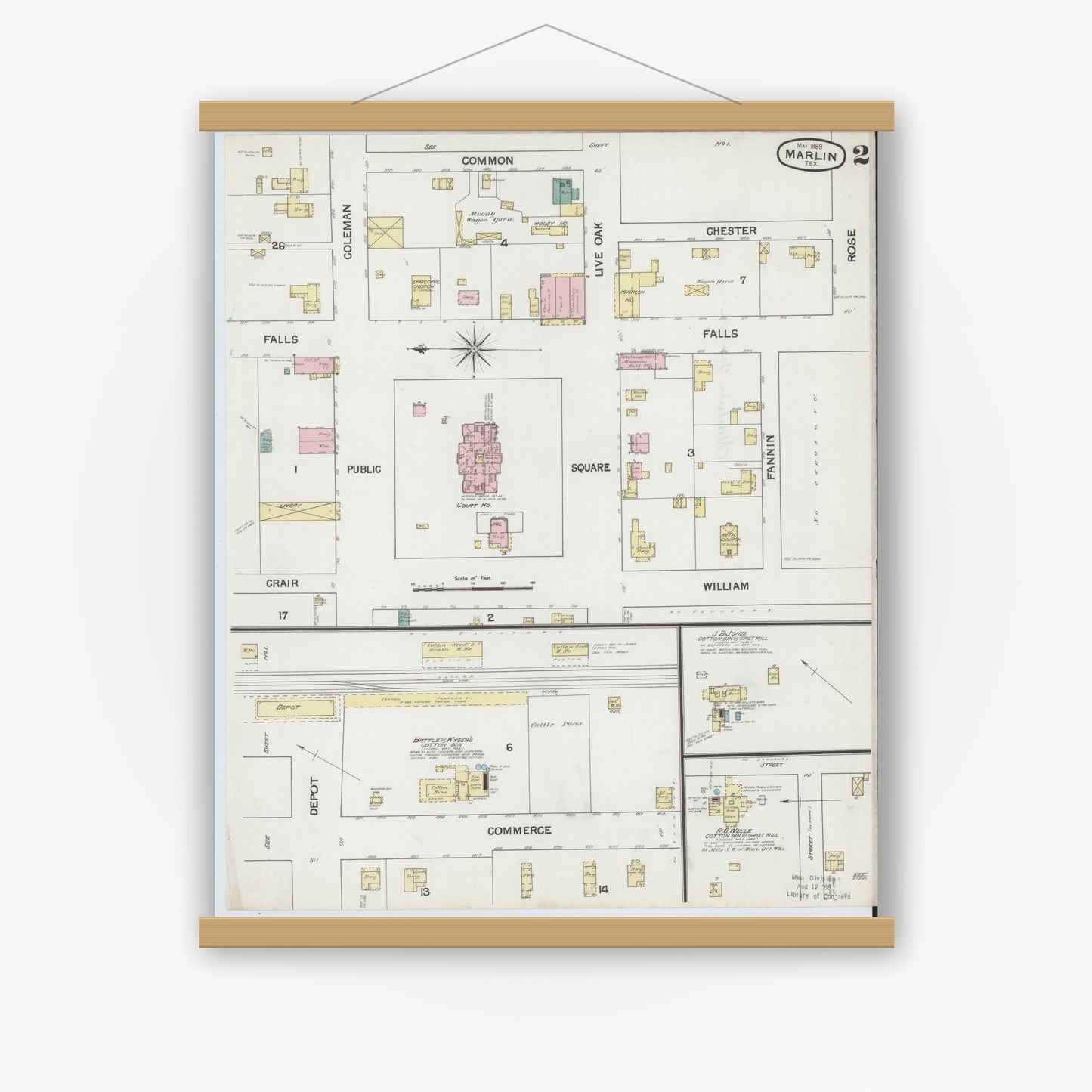 Old map wall art mockup — magnetic wood frame on white wall — Sanborn Fire Insurance Map from Marlin, Falls County, Texas (1889), Sheet #0002