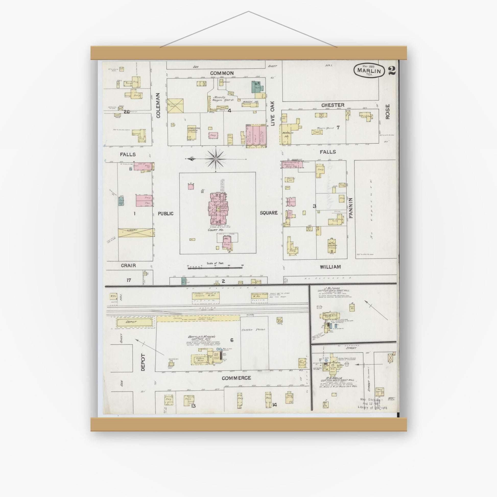 Old map wall art mockup — magnetic wood frame on white wall — Sanborn Fire Insurance Map from Marlin, Falls County, Texas (1889), Sheet #0002