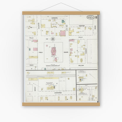 Old map wall art mockup — magnetic wood frame on white wall — Sanborn Fire Insurance Map from Marlin, Falls County, Texas (1889), Sheet #0002