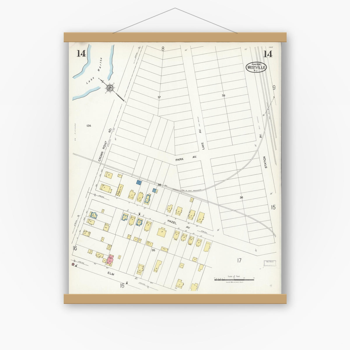 Old map wall art mockup — magnetic wood frame on white wall — Sanborn Fire Insurance Map from Westville, Gloucester County, New Jersey (1926), Sheet #0014