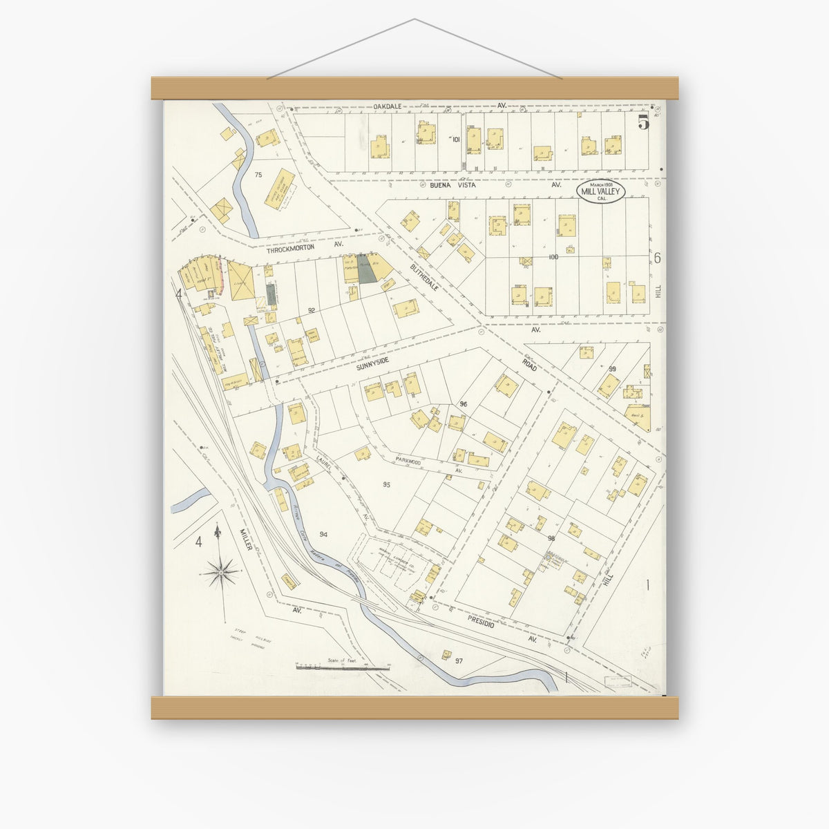 Old map wall art mockup — magnetic wood frame on white wall — Sanborn Fire Insurance Map from Mill Valley, Marin County, California (1908), Sheet #0005