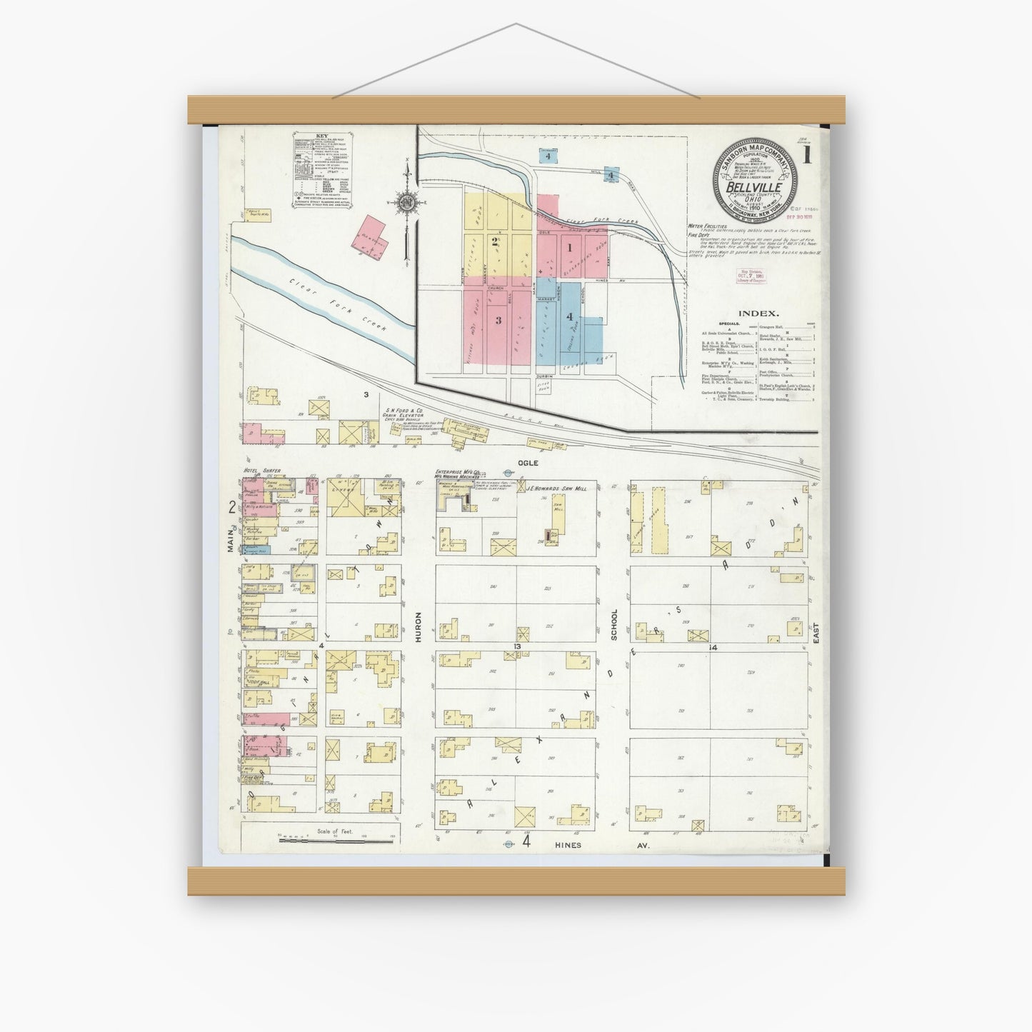 Old map wall art mockup — magnetic wood frame on white wall — Sanborn Fire Insurance Map from Bellville, Richland County, Ohio (1910), Sheet #0001