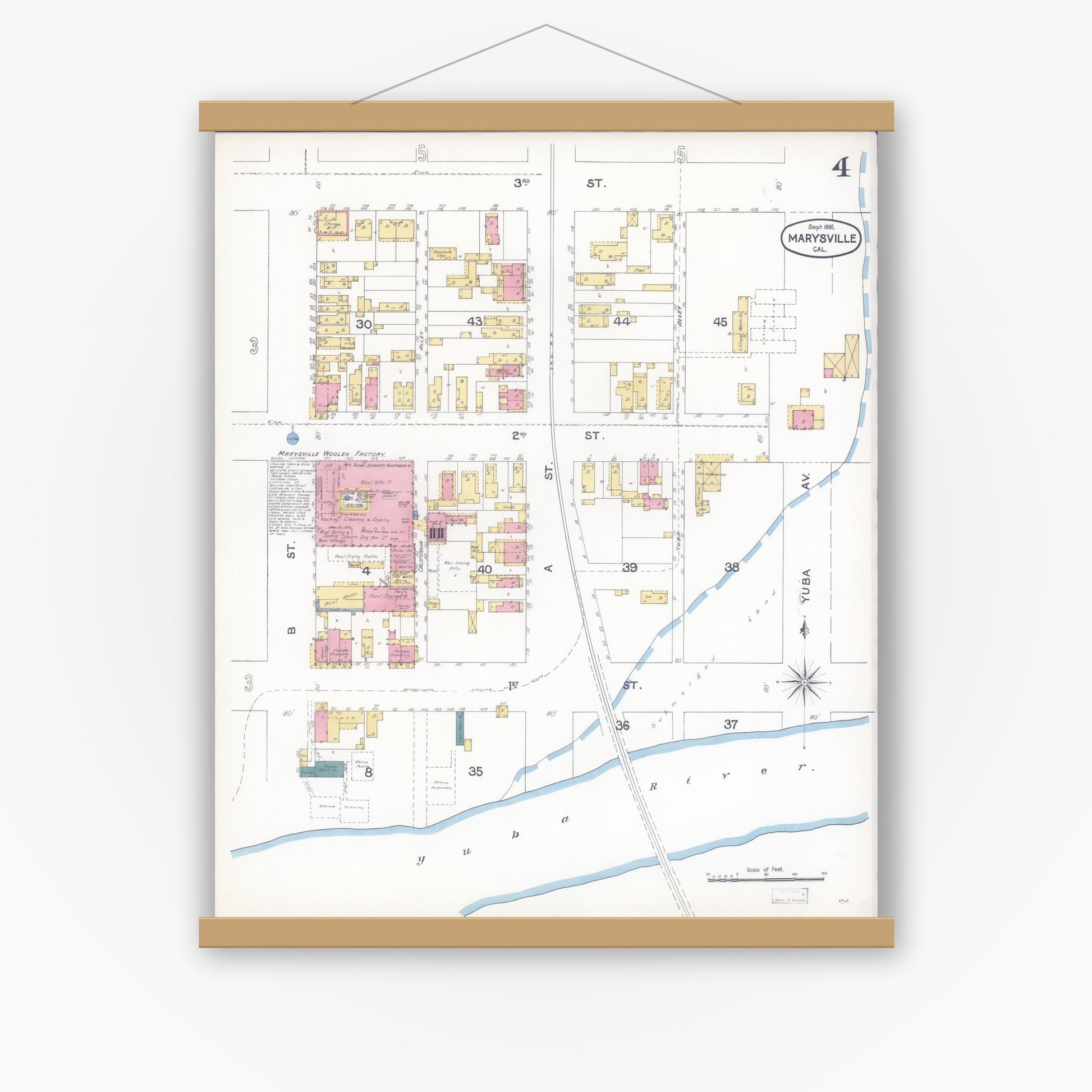 Old map wall art mockup — magnetic wood frame on white wall — Sanborn Fire Insurance Map from Marysville, Yuba County, California (1895), Sheet #0004